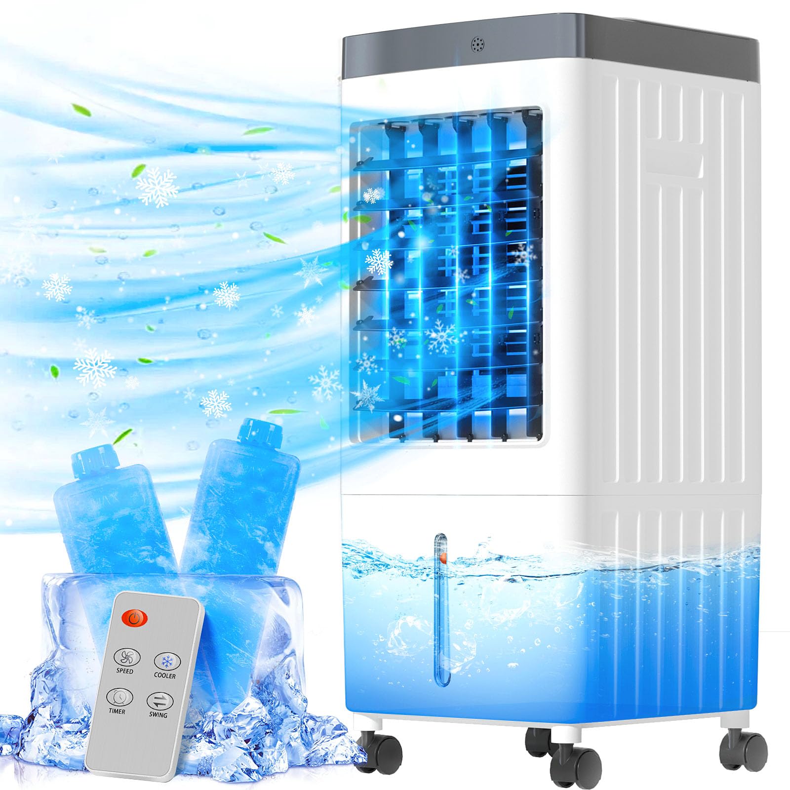 110V Portable Air Conditioner - 3-in-1 Evaporative Air Cooler with 2 Gallon Water Tank, Remote Control, 3 Speed Settings & Timer - Compact AC Unit for Indoor Cooling - Perfect for Office, Bedroom & Home Use (White)
