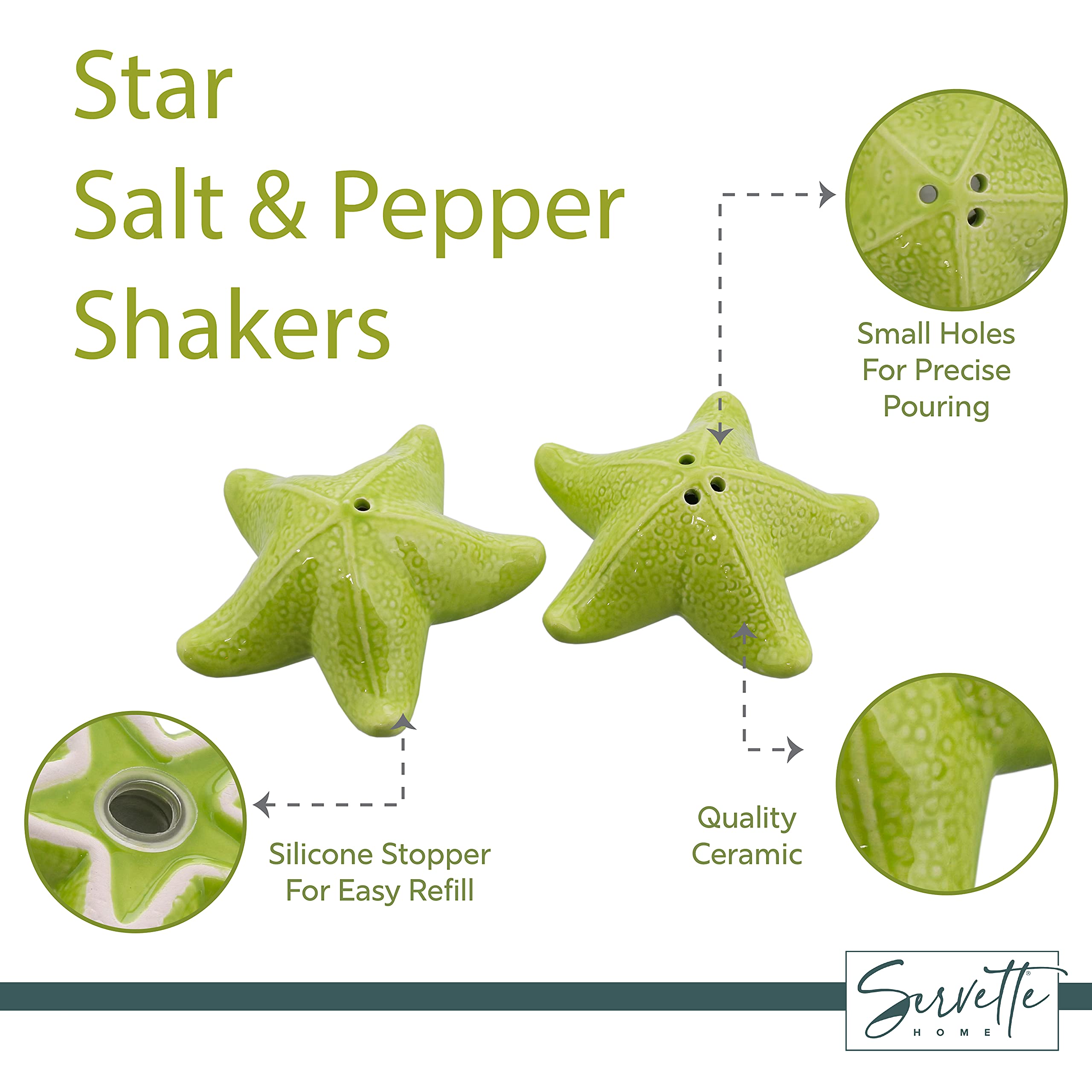 Ceramic Salt and Pepper Shakers Set - Starfish Shaped Kitchen Décor for Dining Table, Perfect for Beach House, Coastal Kitchen or Summer Party Decorations