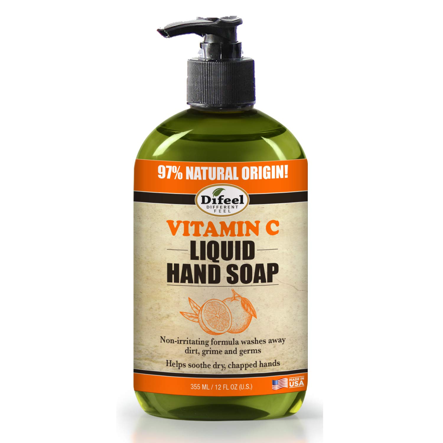 Difeel Vitamin C Liquid Hand Soap 12 oz - Hydrating & Antibacterial - Refreshing Citrus Scent for Soft Skin - Perfect for Home, Office & Travel Use