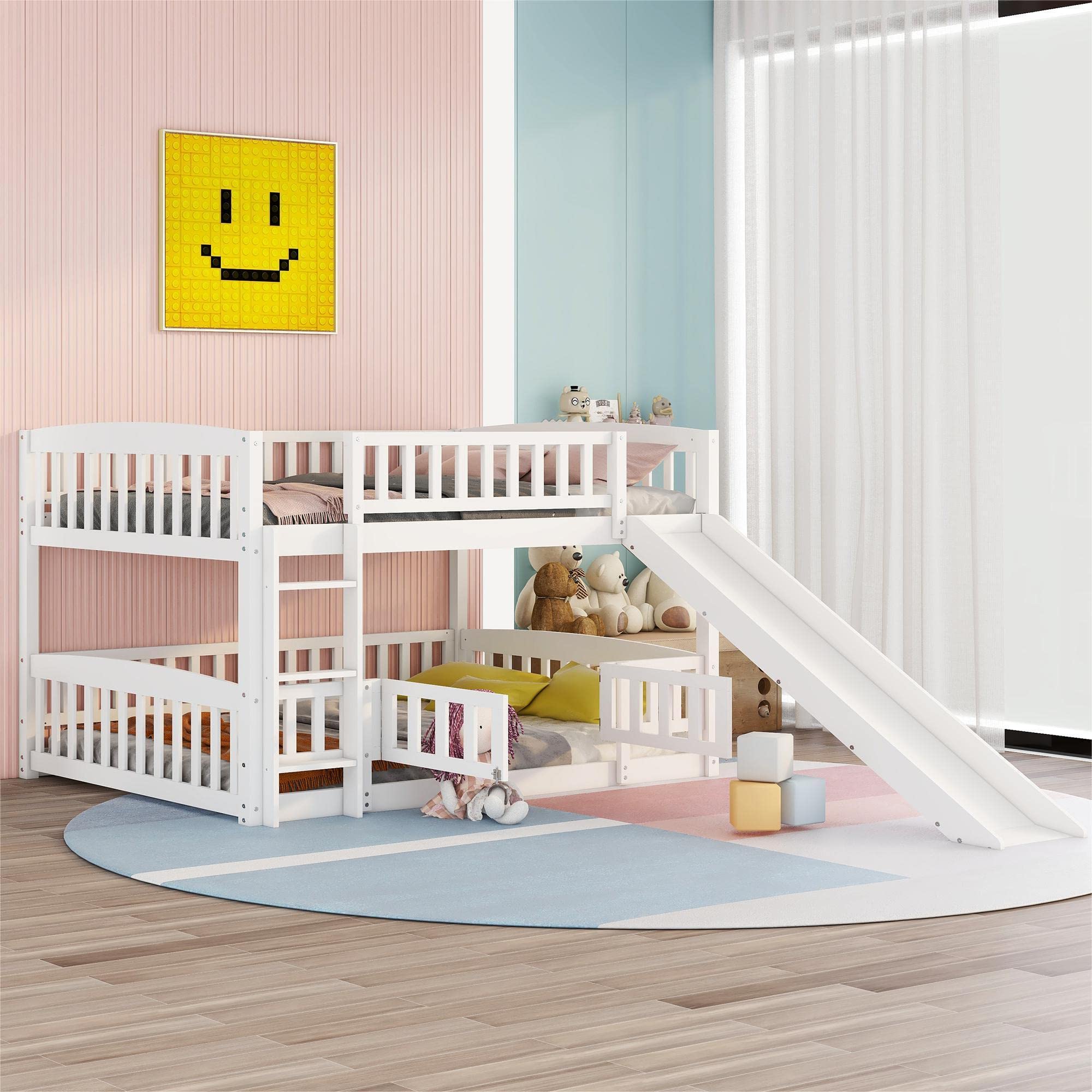 Harper & Bright Designs Full Over Full Low Bunk Beds with Slide, Safety Fence & Ladder - Sturdy Wooden Kids Bunk Bed for Boys & Girls - Perfect for Small Rooms, Shared Kids Bedrooms & Sleepovers - White