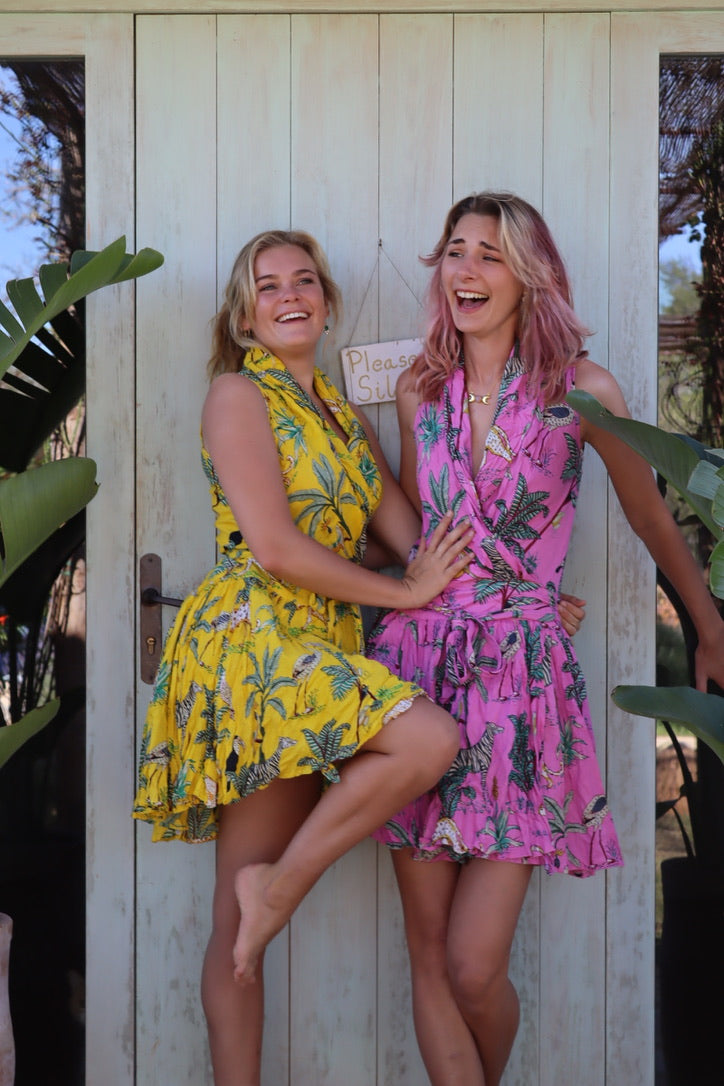 Stylish GOA Sleeveless Dress in Pink Parrot Print - Perfect for Beach Vacations, Summer Parties & Boho Fashion