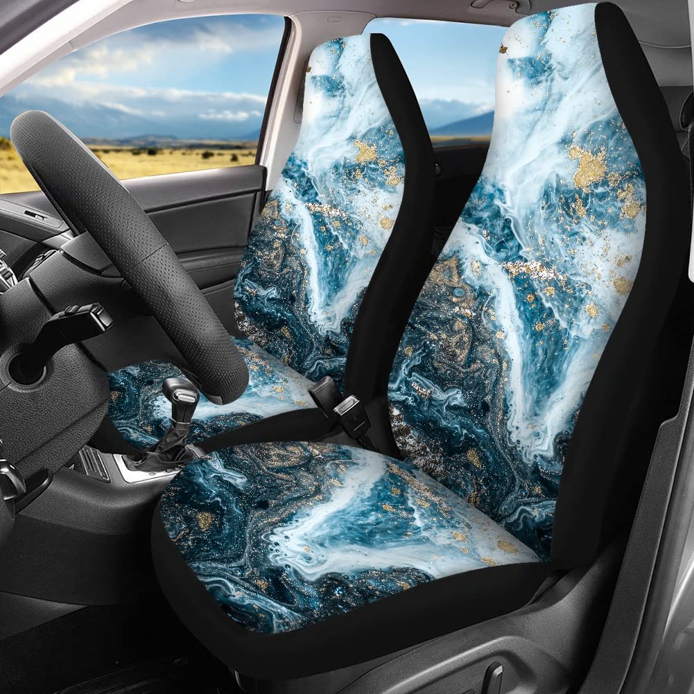 YoungerBaby Granite Texture Print Car Seat Covers Full Set - Universal Fit for Cars, SUVs & Trucks - Steering Wheel Cover, Cup Coasters, Keychain & Seatbelt Pads Included - Durable Interior Accessories for Women & Men - Perfect for Road Trips, Commuting & Family Travel