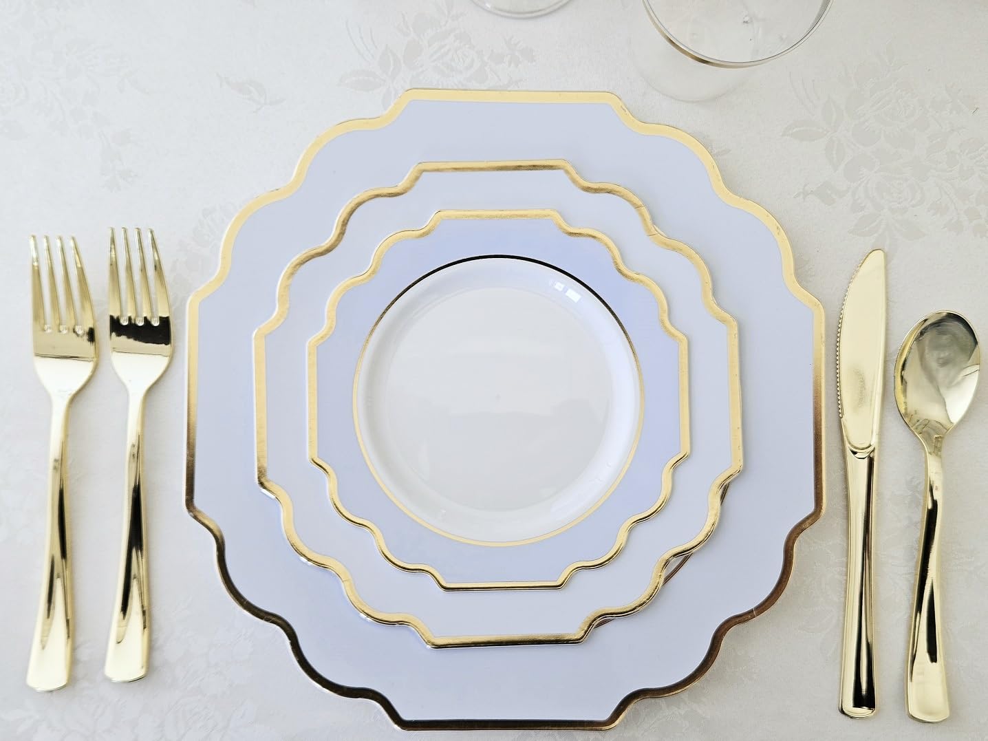 120-Pack Heavyweight Disposable Plastic Plates for Weddings & Parties - 10.5'' Dinner Plates in Elegant White, Blue & Gold - Perfect for Wedding Receptions, Birthday Parties & Special Events
