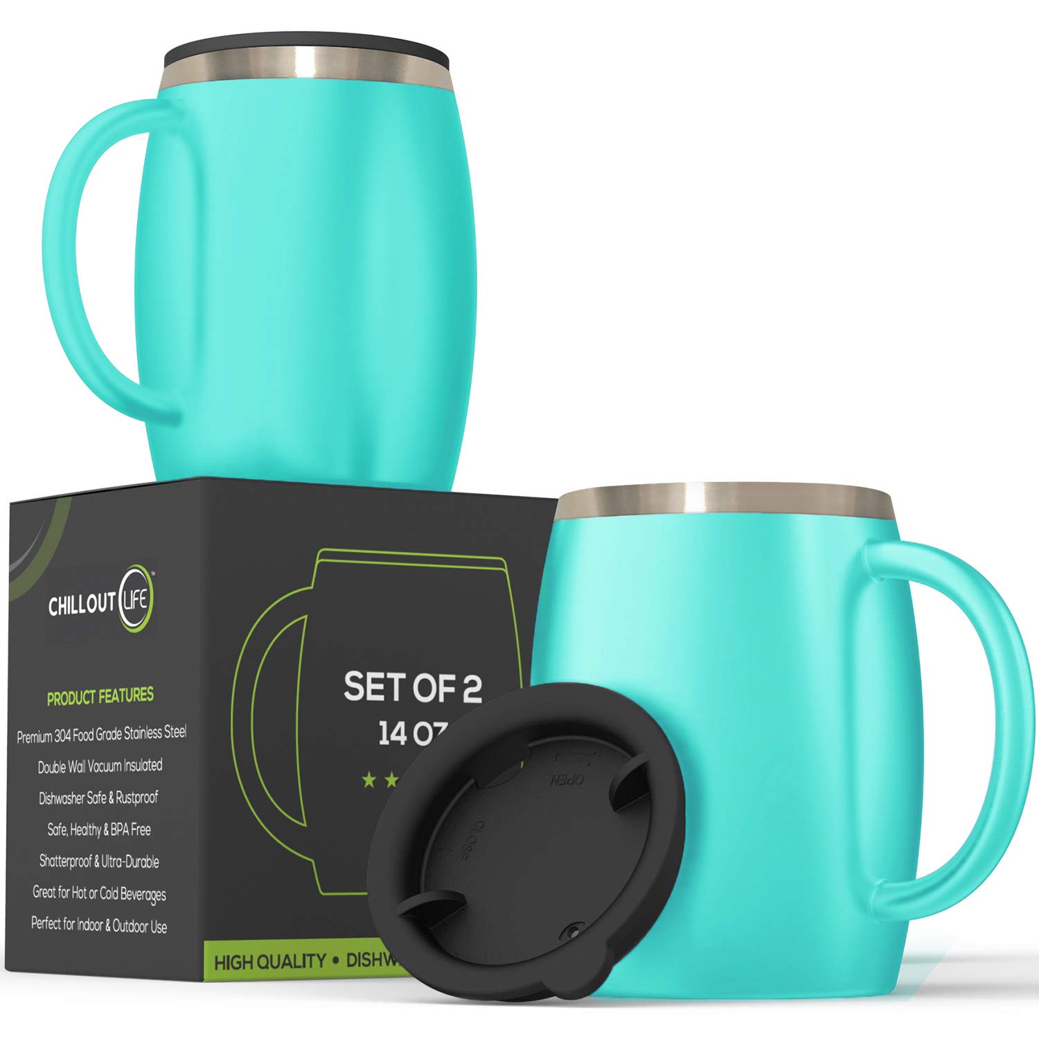 Premium Stainless Steel Insulated Coffee Mugs Set of 2 (14oz) - Double Wall Vacuum Coffee Cups with Leak-Proof Lid & Ergonomic Handle - Shatterproof Travel Mug for Hot & Cold Beverages - Perfect for Office, Camping, Hiking & Daily Commute (Aqua Blue)