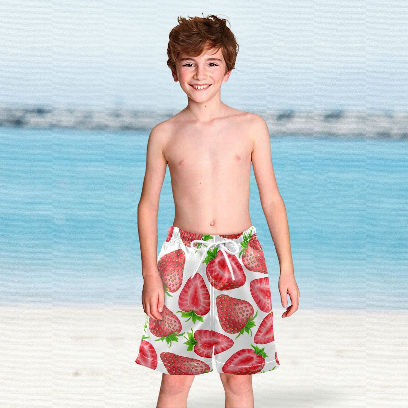 Dussdil Watercolor Juicy Strawberries Boys Swim Trunks - Quick Dry Kids Toddler Swimwear for Beach, Pool & Summer Activities | Cute Bathing Suits for Boys