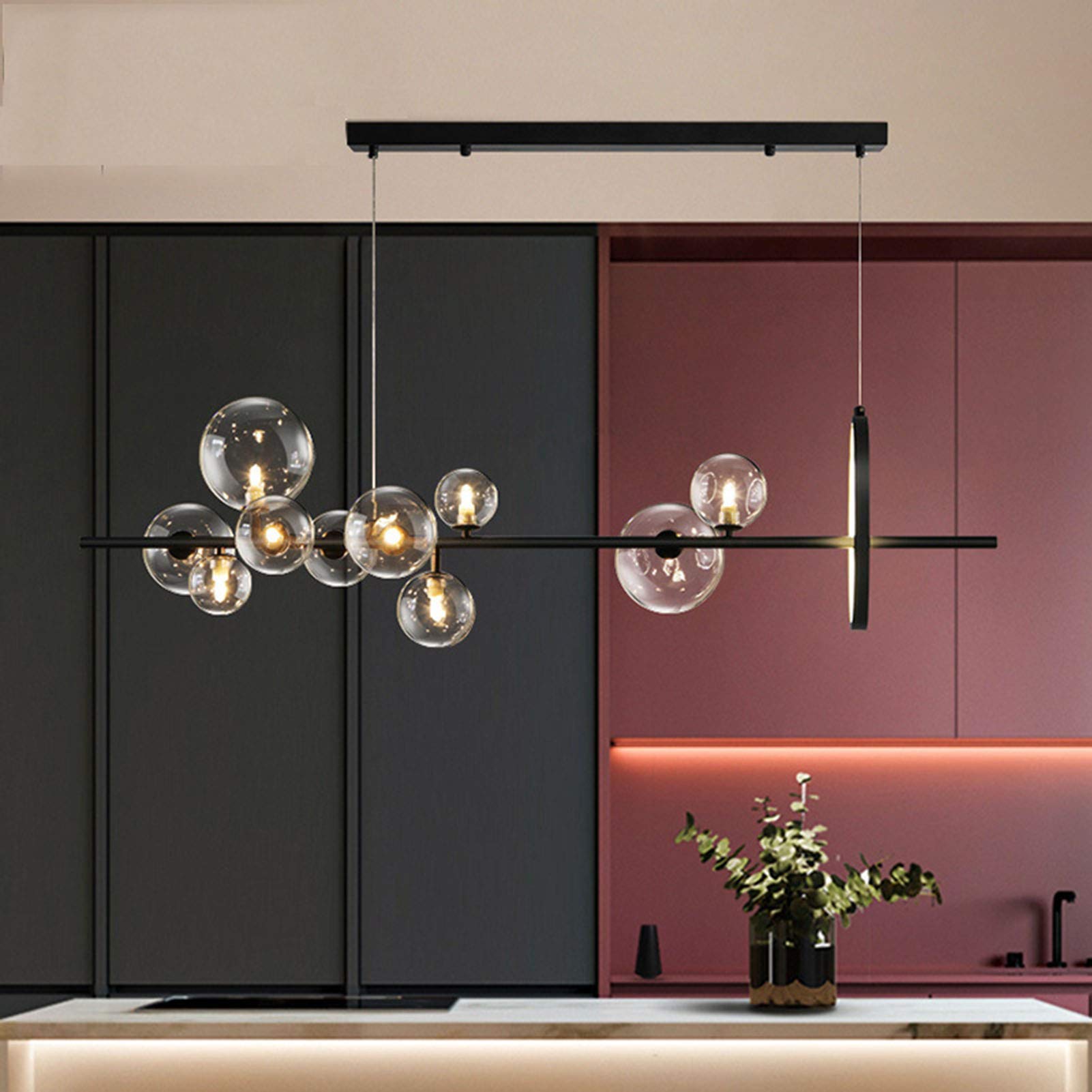 Modern Linear LED Chandelier Ceiling Light with Clear Glass Globe - Black Nordic Style Dining Room Pendant Light for Kitchen Island, Bedroom, Living Room & Office