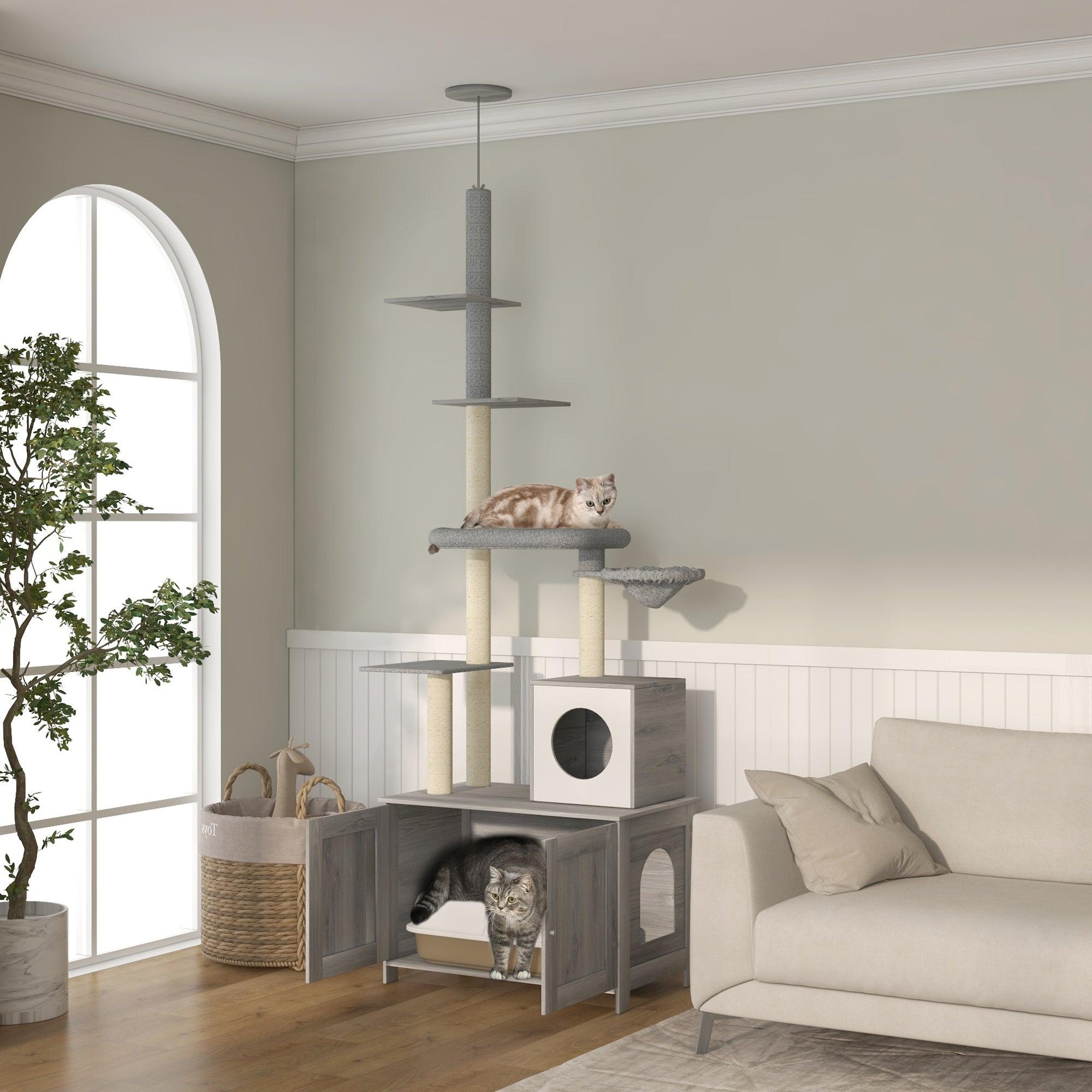 Multi-Level Cat Tree with Hidden Litter Box - 2-in-1 Floor to Ceiling Cat Tower with Condo, Bed, Hammock & Scratching Posts - Space-Saving Cat Furniture for Small Apartments (Gray) - Perfect for Indoor Cats Who Need Privacy While Using the Litter Box