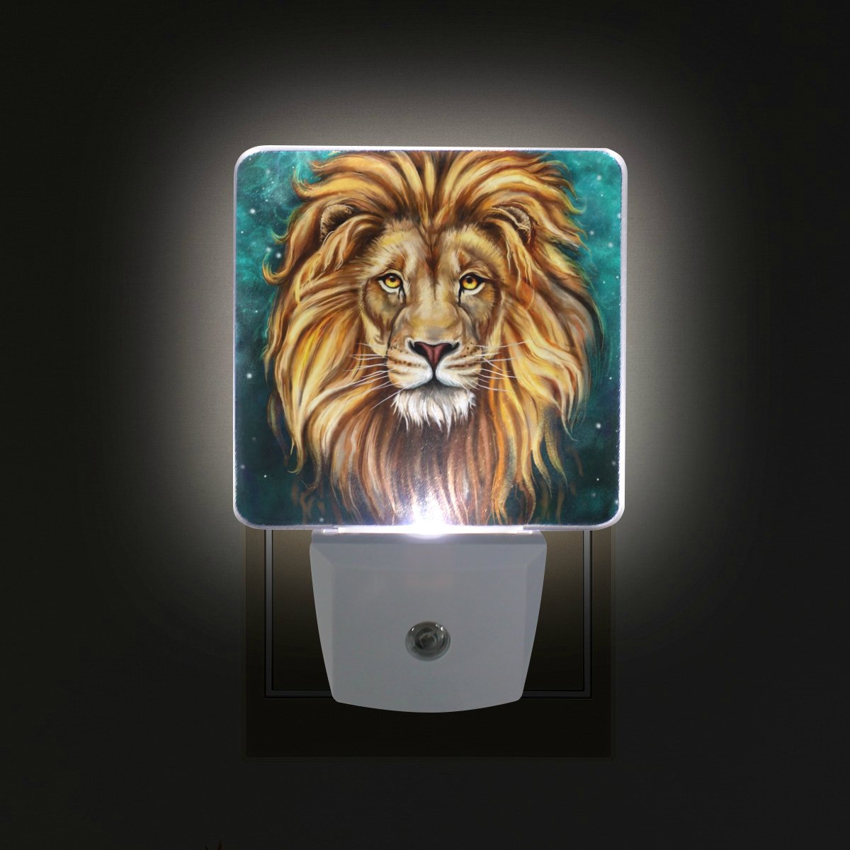 2 Pack Lion Head Glitter LED Night Light with Dusk to Dawn Sensor - Plug in Animal Night Lamp for Home Decor, Kids Room & Nursery Lighting
