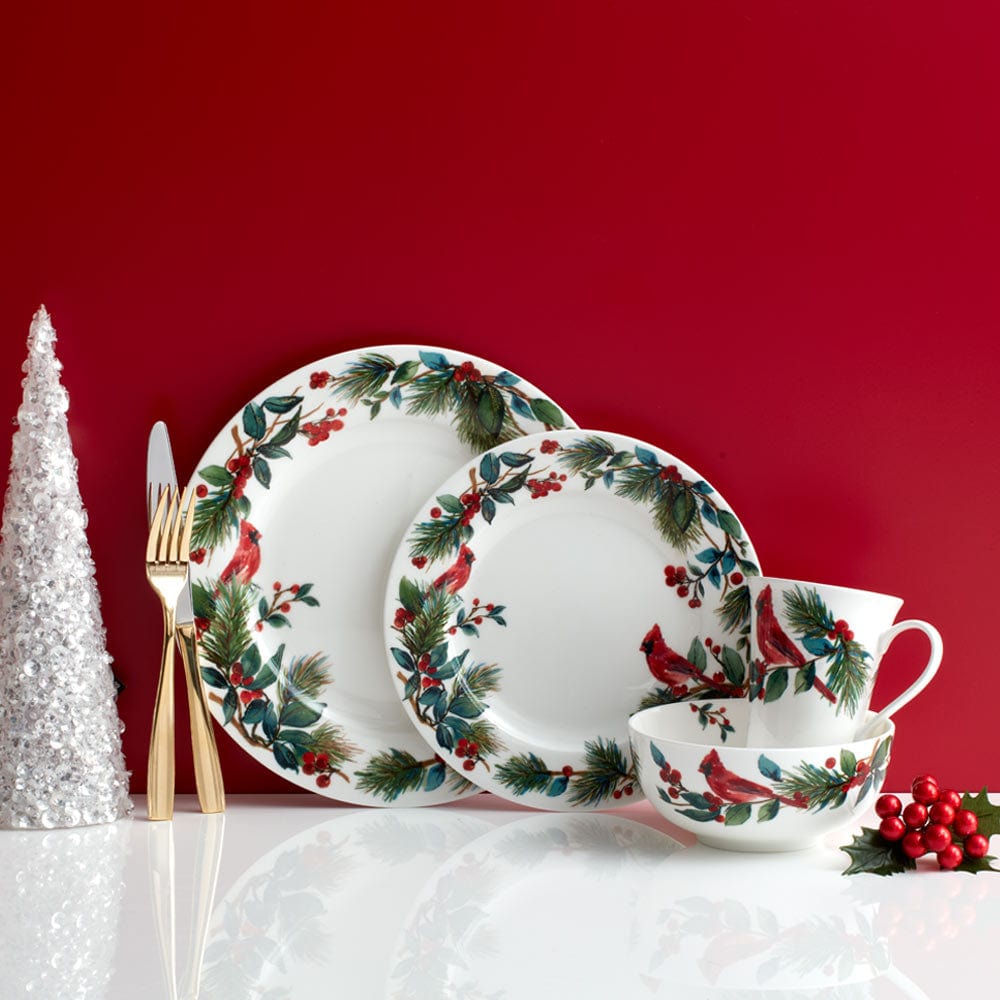 24-Piece Winter Cardinal Dinnerware Set - Service for 6, Elegant Tableware for Holiday Dinners & Family Gatherings