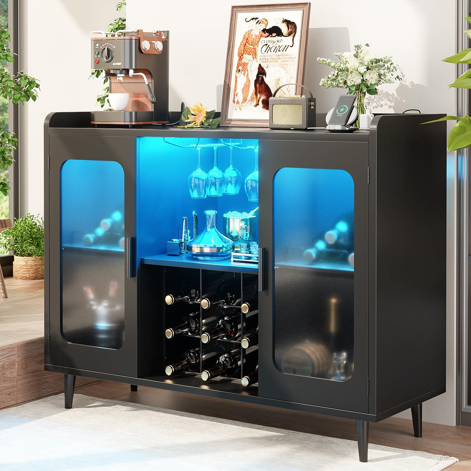 Black Wine Bar Cabinet with Power Outlet & LED Lights - Modern Liquor Storage with Glass Holder & Storage Shelves - Perfect for Home Bar, Coffee Station, Kitchen Buffet or Dining Room Sideboard