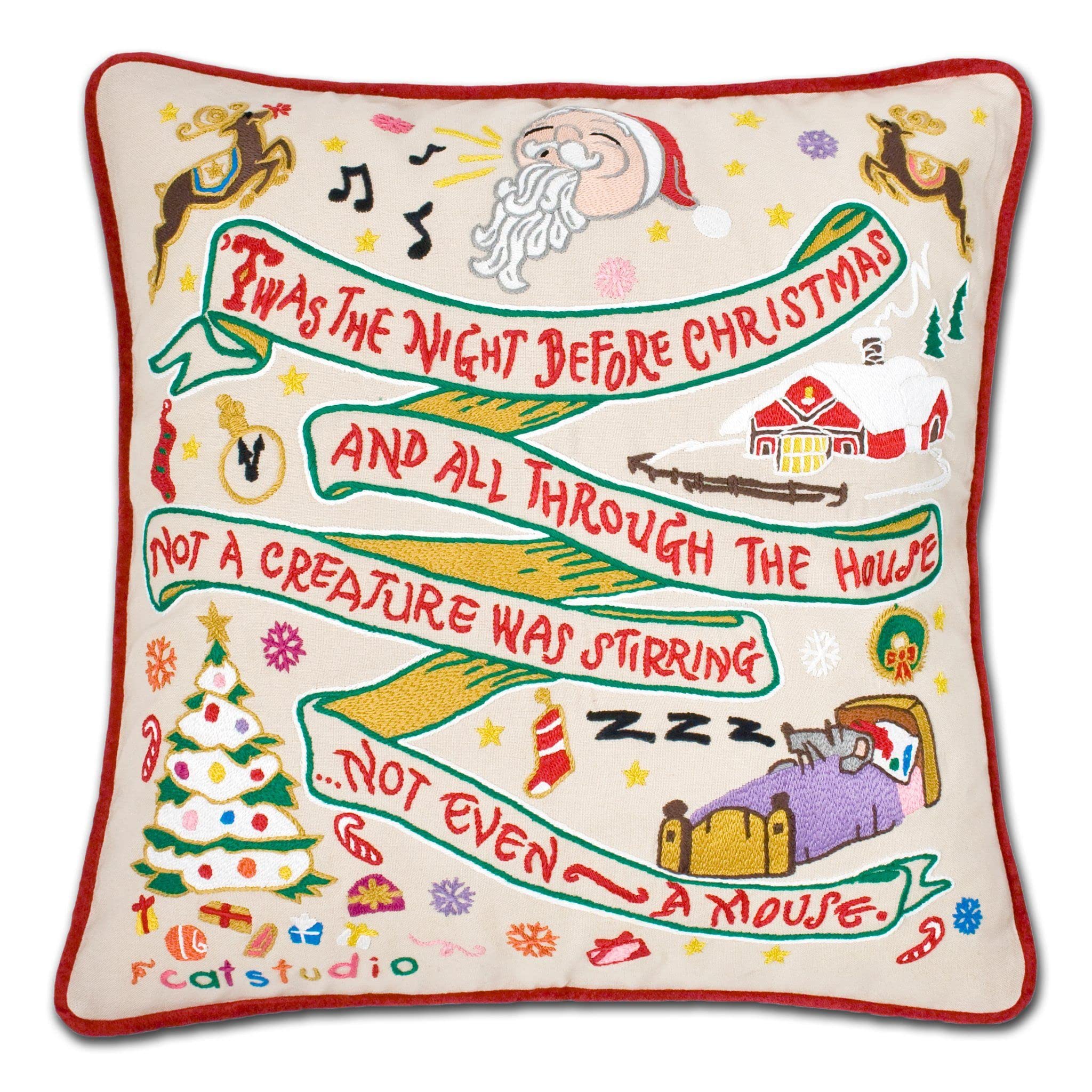 Catstudio Night Before Christmas Embroidered Holiday Pillow - Festive Winter Throw Pillow with Original Artwork for Christmas Decor | Perfect for Sofa, Bed, Fireplace Mantel & Holiday Home Decor