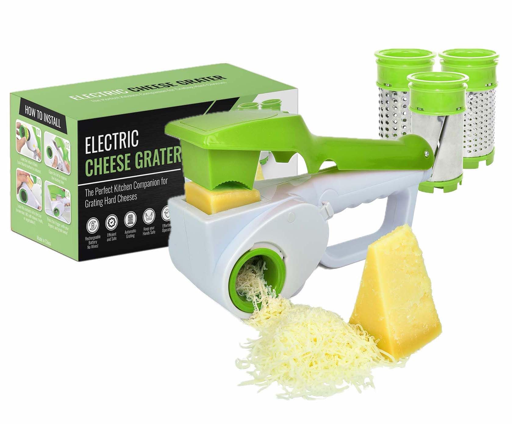 Electric Rotary Cheese Grater for Hard Cheeses - Cordless Rechargeable Handheld Parmesan Grater Shredder Slicer (Green) | Perfect for Italian Cooking, Pizza Topping & Gourmet Meal Prep