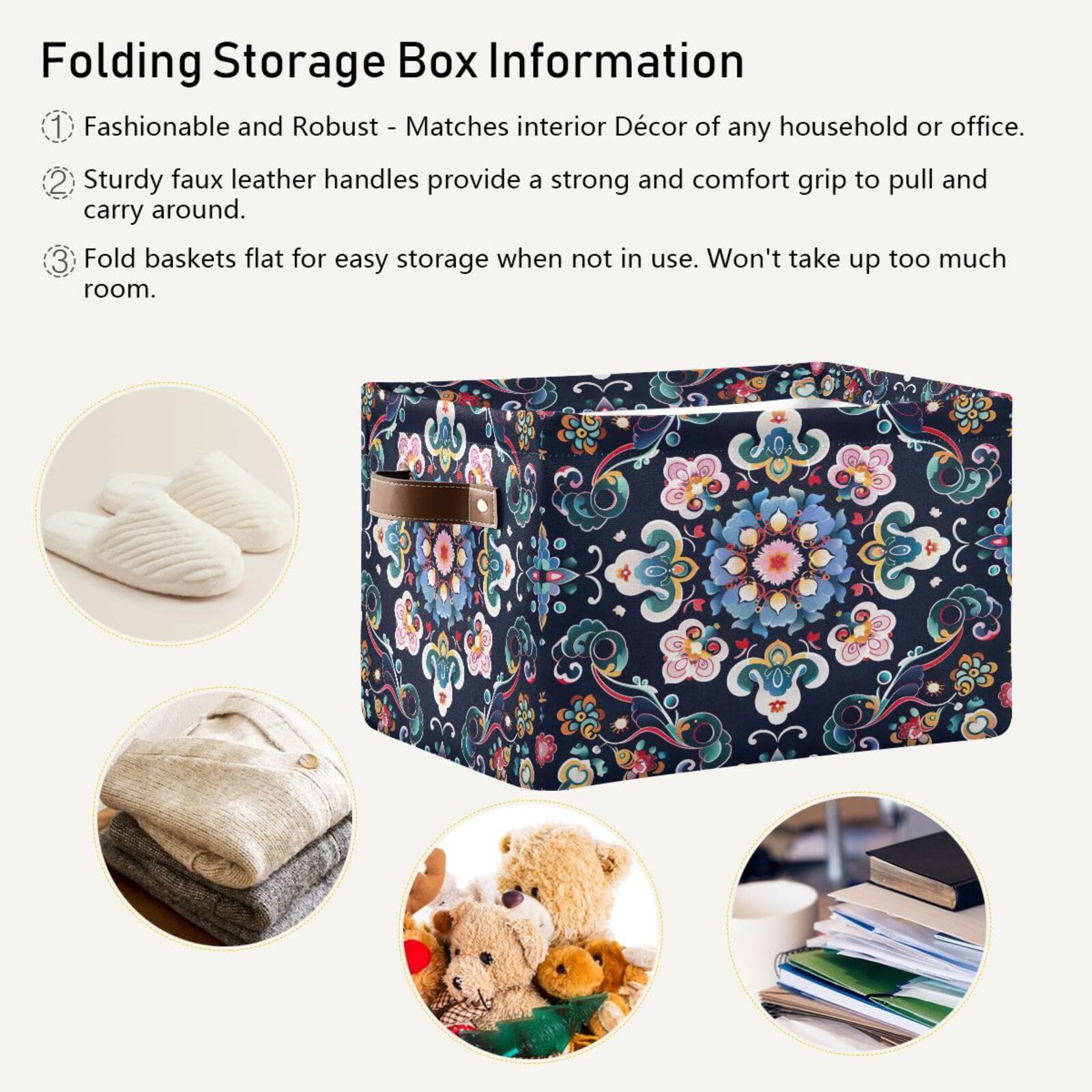 Qilmy Mandala Storage Basket 2-Pack - Foldable Canvas Rectangular Organizer with Leather Handles for Closet, Office, Nursery & Home Decor | Perfect for Toy Storage, Blanket Organization & Shelf Bins