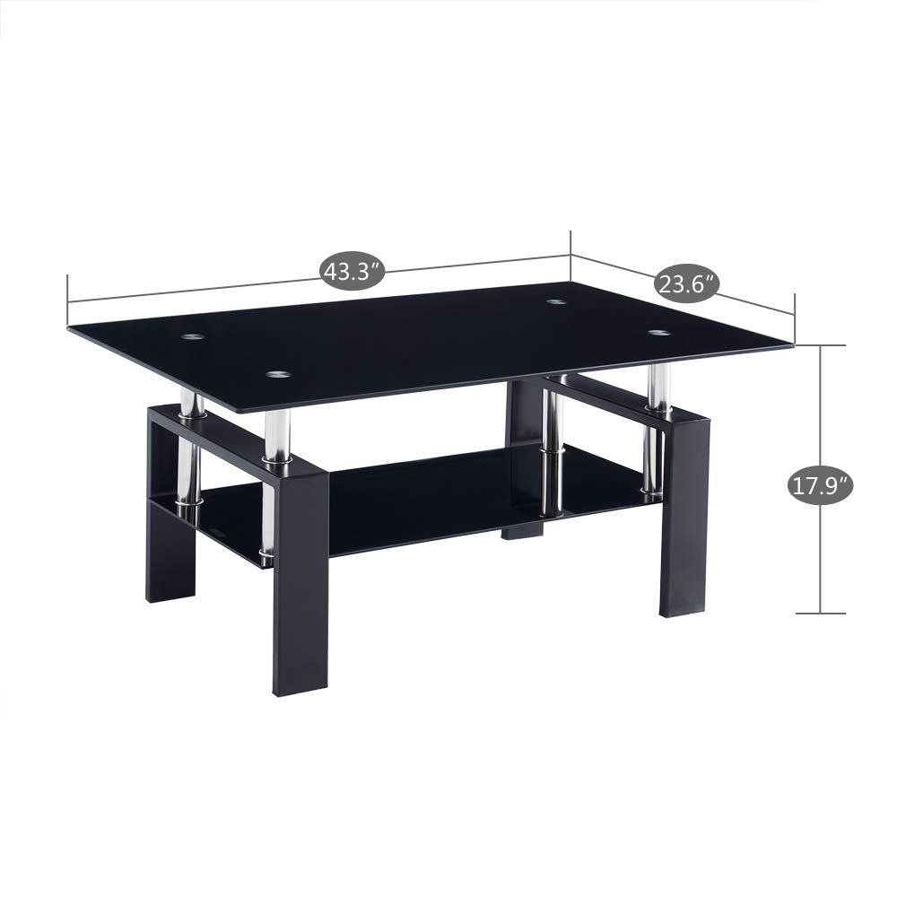 Modern Glass Coffee Table with Lower Shelf - Rectangle Tempered Glass Top & Stainless Steel Legs - Black Living Room Furniture for Home & Office Waiting Areas - Perfect for Lounge, Reception & Contemporary Spaces