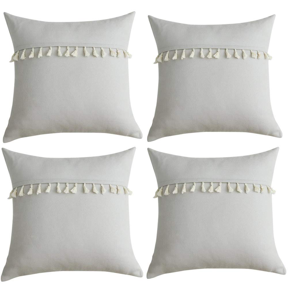 Farmhouse Soft Flannel Lumbar Pillow Cover 18x18 Inches - Skin-Friendly Tassel Decorative Cushion Case for Sofa, Bedroom, Living Room - Light Grey Modern Throw Pillowcase - Perfect Gift for Home Decor
