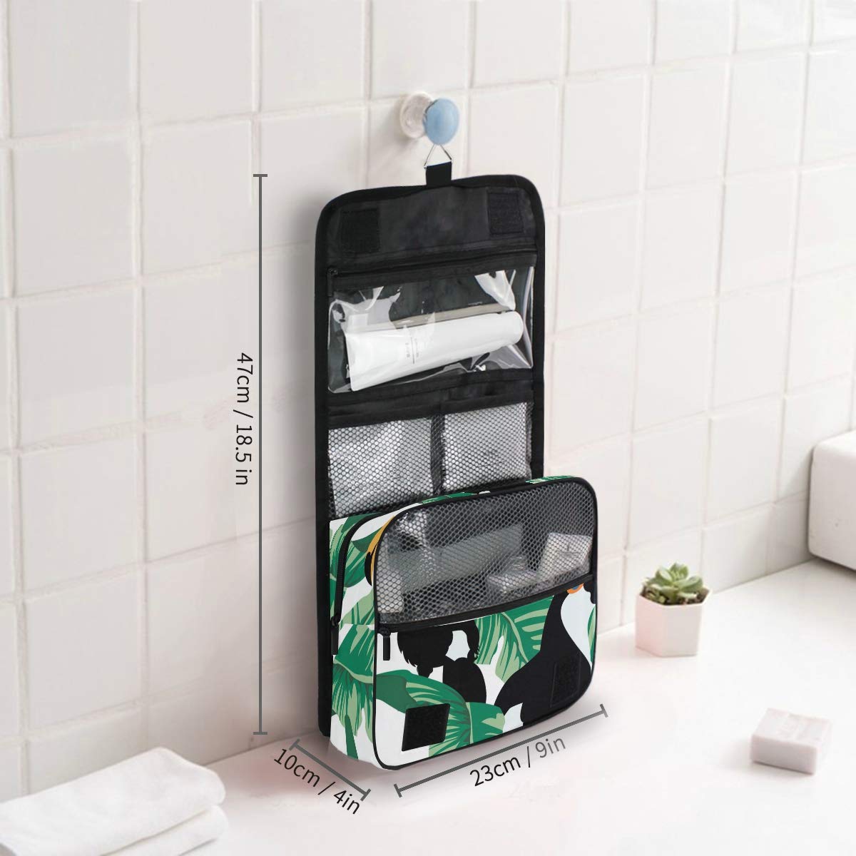 Linomo Hanging Travel Toiletry Bag for Women & Men - Waterproof Large Cosmetic Makeup Organizer with Hook - Perfect for Bathroom, Camping & Vacation (Tropical Leaves Toucan Design)