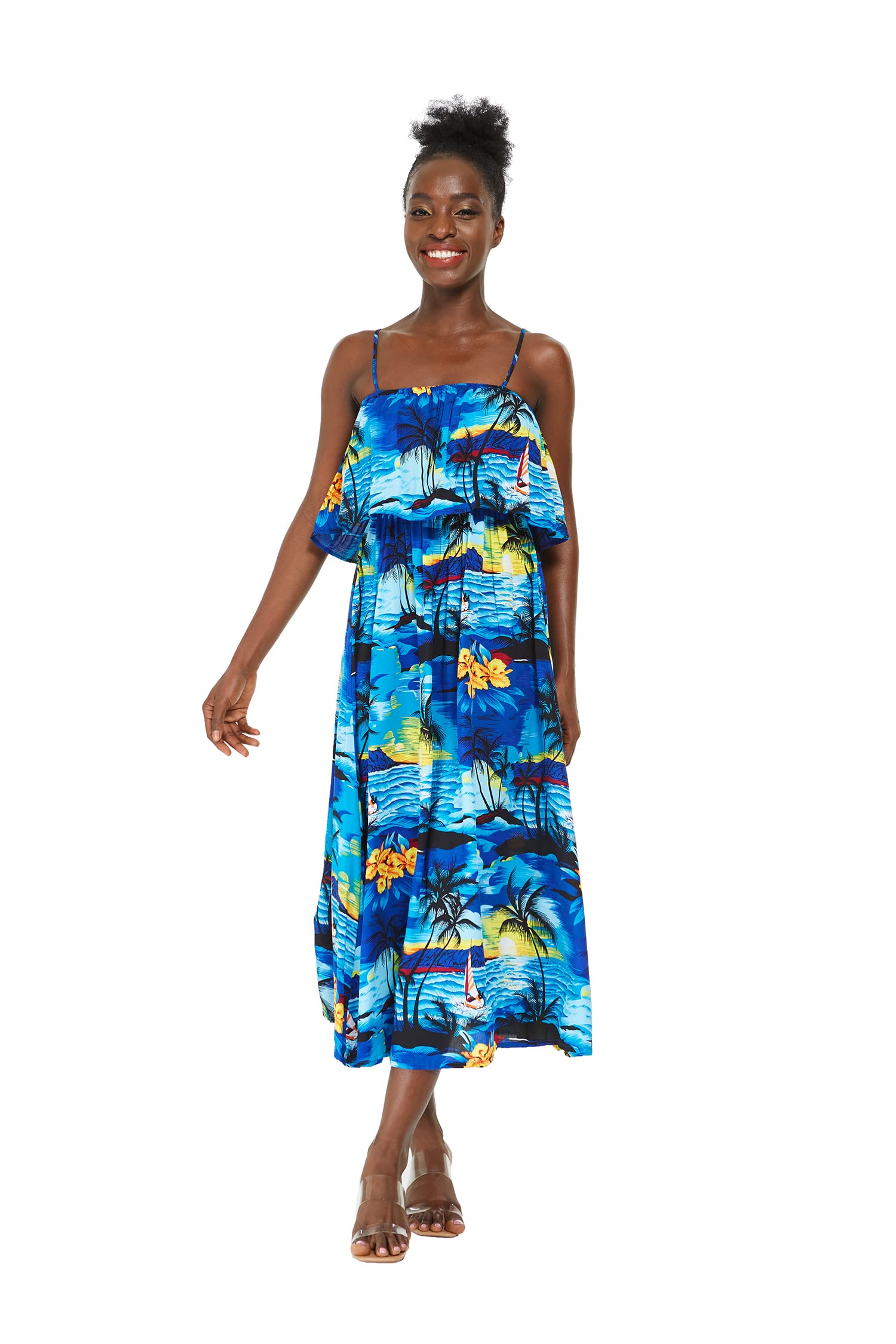 Hawaiian Maxi Dress for Women - Floral Hibiscus Print with Ruffle Trim | Perfect for Luau Parties, Beach Vacations & Summer Weddings