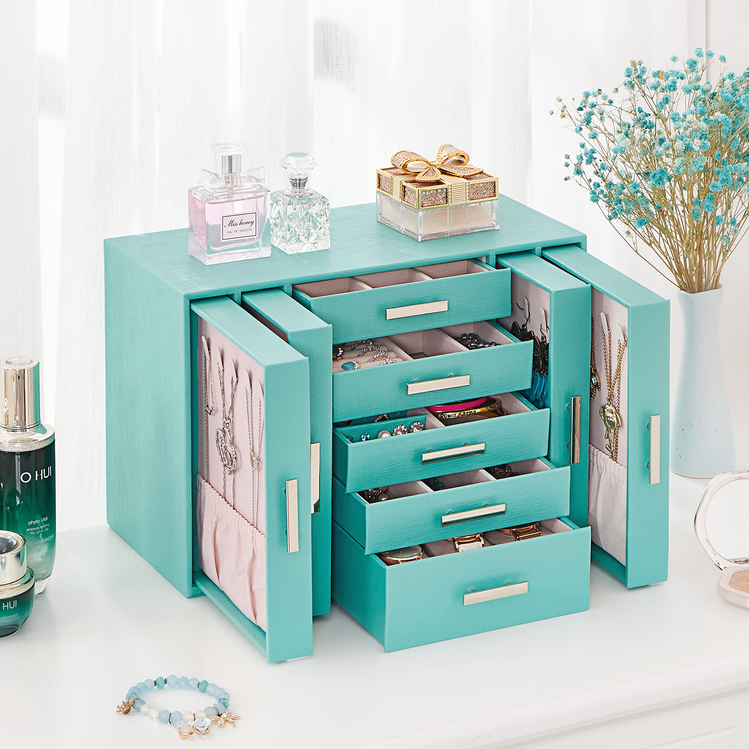 ANWBROAD Large Green Jewelry Box Organizer for Women - Earrings, Necklaces, Bracelets Storage | Perfect for Travel & Home Use