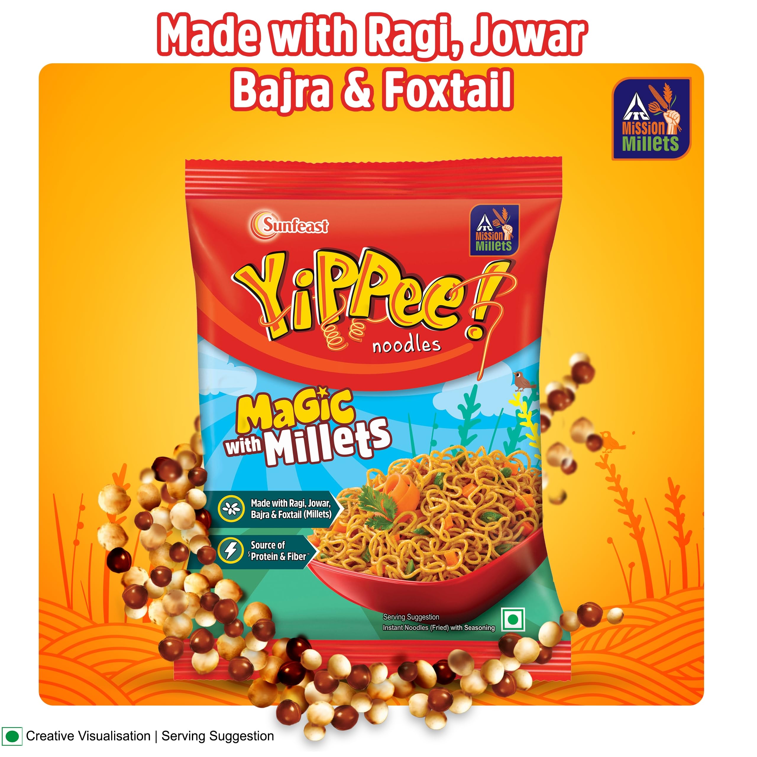 Sunfeast YiPPee! Magic with Millets Instant Noodles - Made with Ragi, Jowar, Bajra & Foxtail Millet | Long, Non-Sticky Texture | Quick, Nutritious & Vegetarian Snack (280g) | Perfect for Lunch, Dinner or On-the-Go Meals