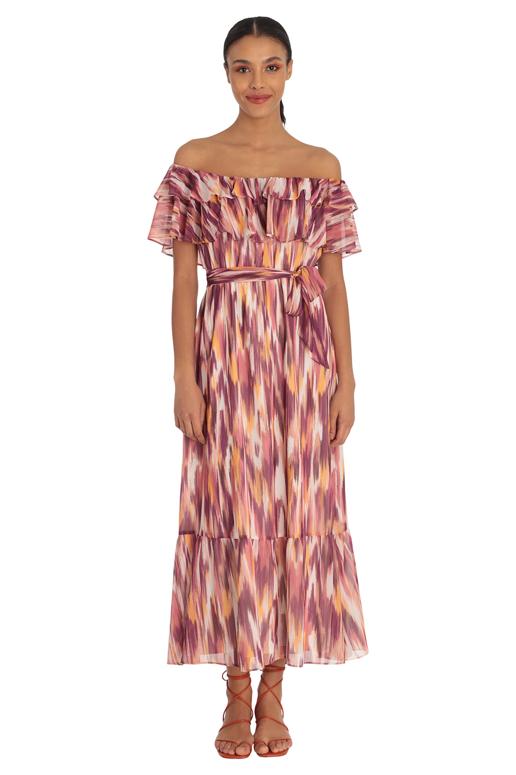 Donna Morgan Women's Ruffle Off The Shoulder Tiered Hem Midi Dress - Elegant Floral Print Summer Party Dress for Weddings, Cocktails & Date Nights