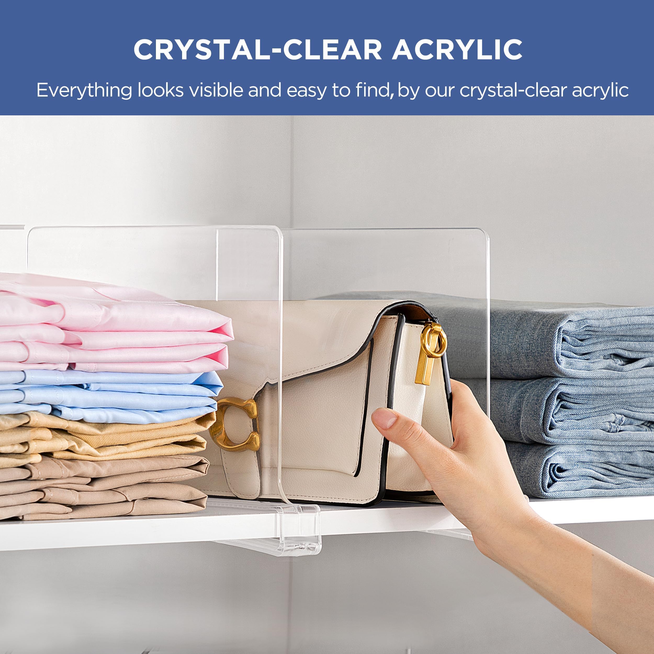 HBlife 10 Pack Clear Shelf Dividers - Adjustable Acrylic Organizer for Closet, Bookshelf, Kitchen & Bedroom | Perfect for Sweaters, Shirts, Handbags & Purse Organization | Space Saving Storage Solution for Home & Office