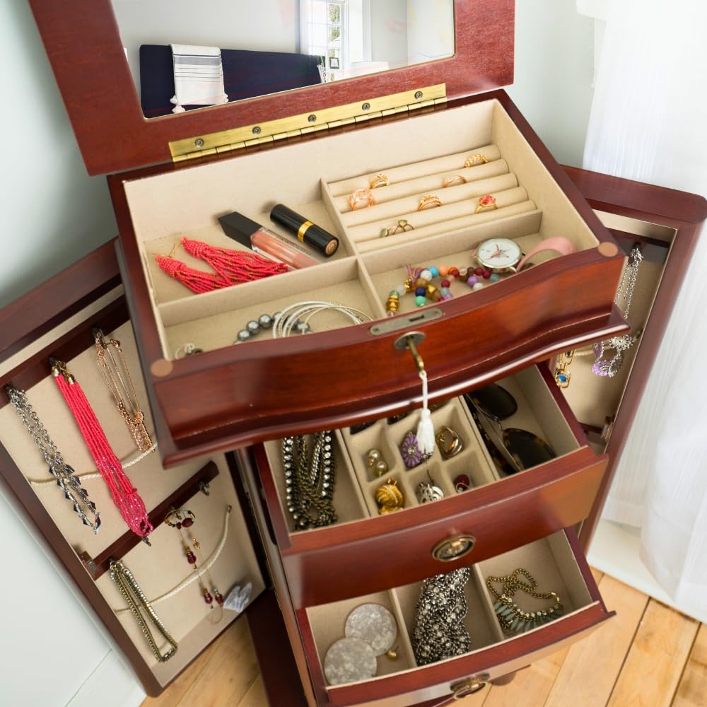 Hives & Honey Noel Standing Jewelry Armoire Cabinet - Locking Jewelry Storage Organizer with Flip Mirror, 2 Side Doors & 7 Drawers | Jewelry Chest for Necklaces, Earrings, Bracelets | Cherry Wood Finish | Perfect for Bedroom, Closet & Dressing Room Organization