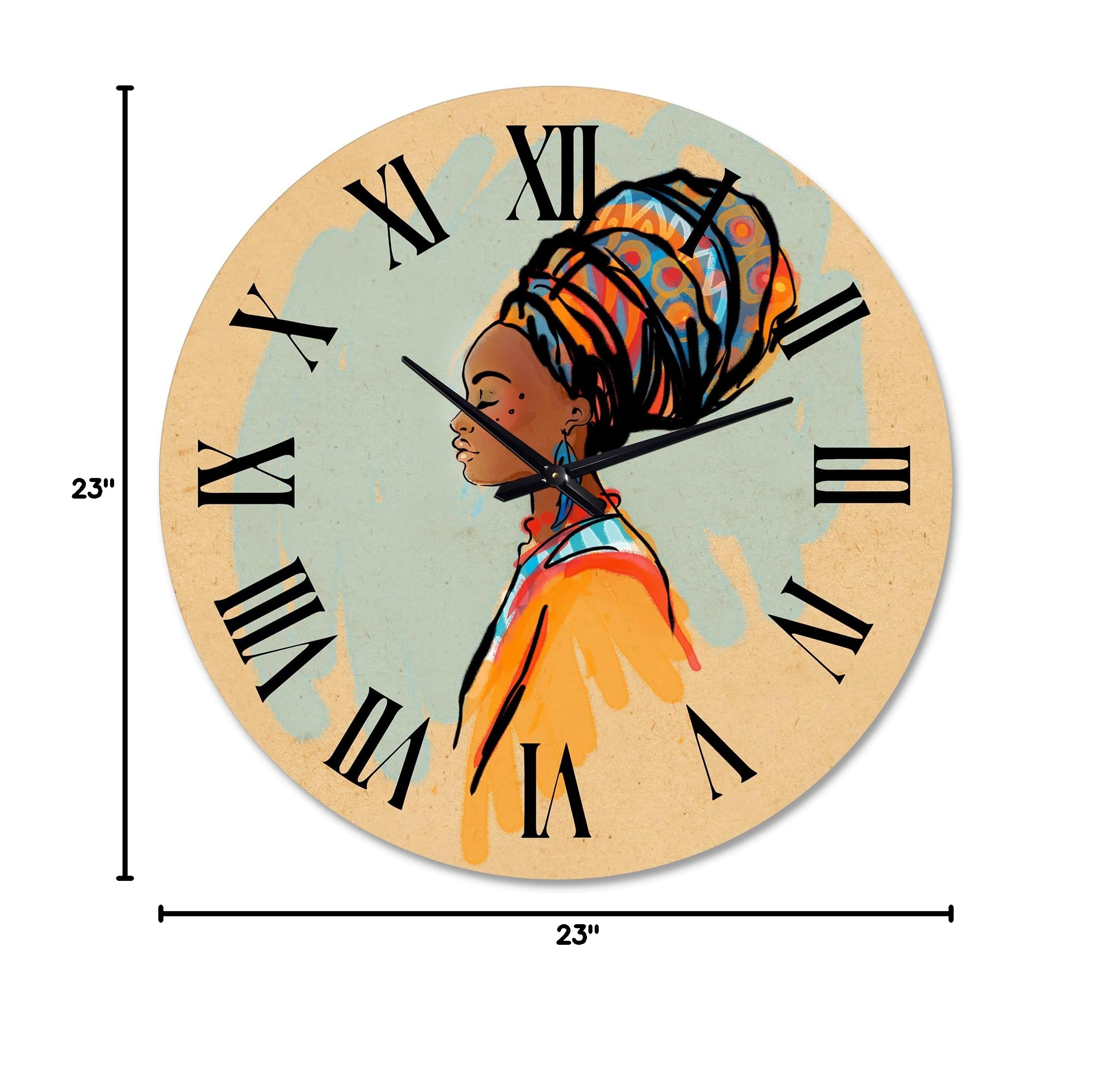 DesignQ Modern Wall Clock - Portrait of Afro American Woman with Turban II - Large Wall Art for Living Room, Bedroom & Office Decor - Unique Home Décor Gift Idea