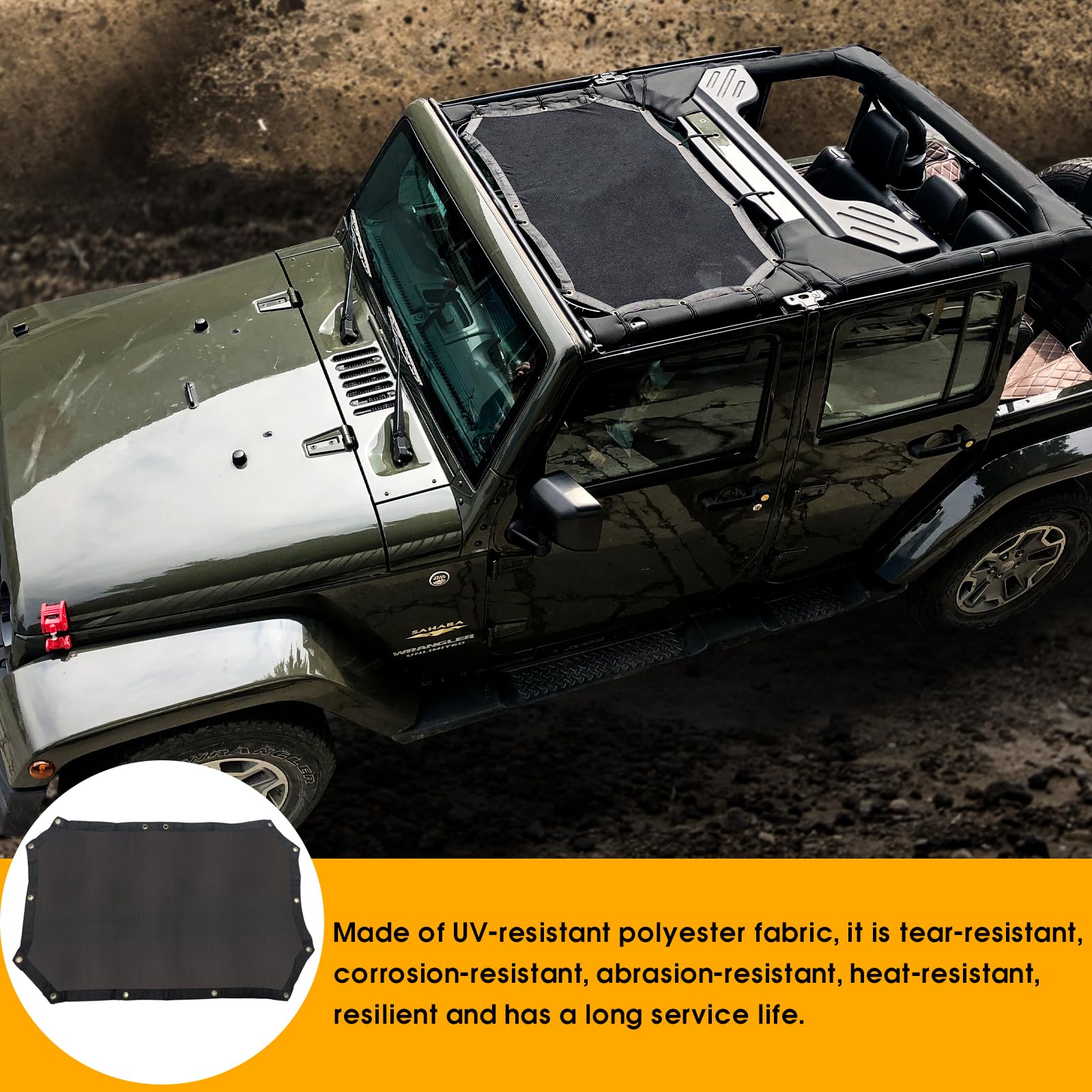 Jeep Wrangler JK Sunshade Top - Mesh Bikini Top for 2/4 Door Soft/Hard Top - UV Protection & Wind Shield - Perfect for Off-Roading & Summer Driving