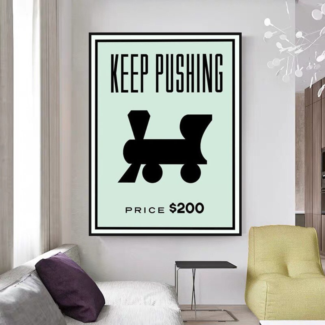 Monopoly Keep Pushing Motivational Canvas Wall Art - Inspirational Office & Home Decor for Gamers & Entrepreneurs