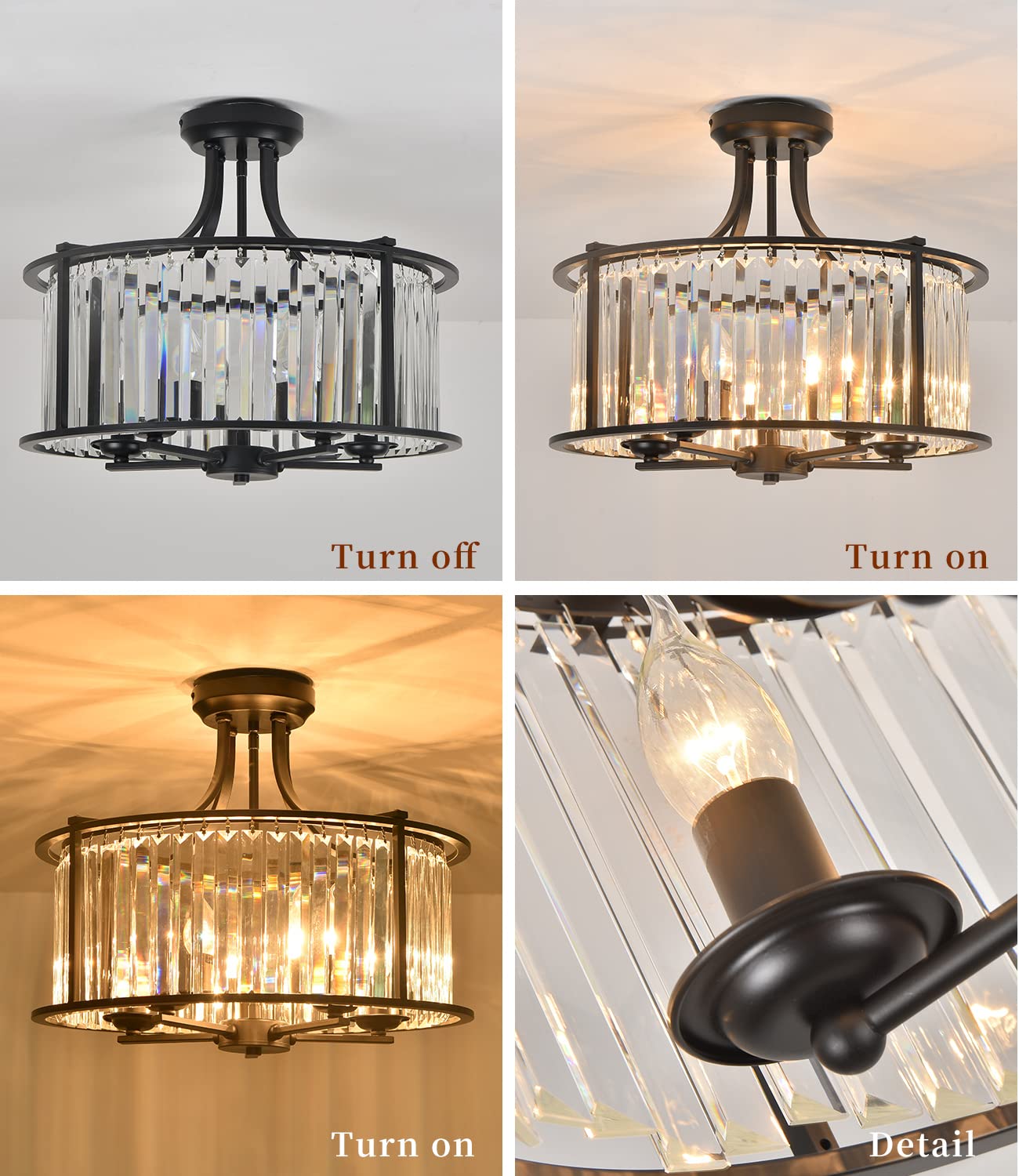 5-Light Black Semi Flush Mount Crystal Chandelier - Modern Metal Ceiling Light Fixture for Living Room, Dining Room, Kitchen, Bedroom, Foyer & Hallway - 19.69