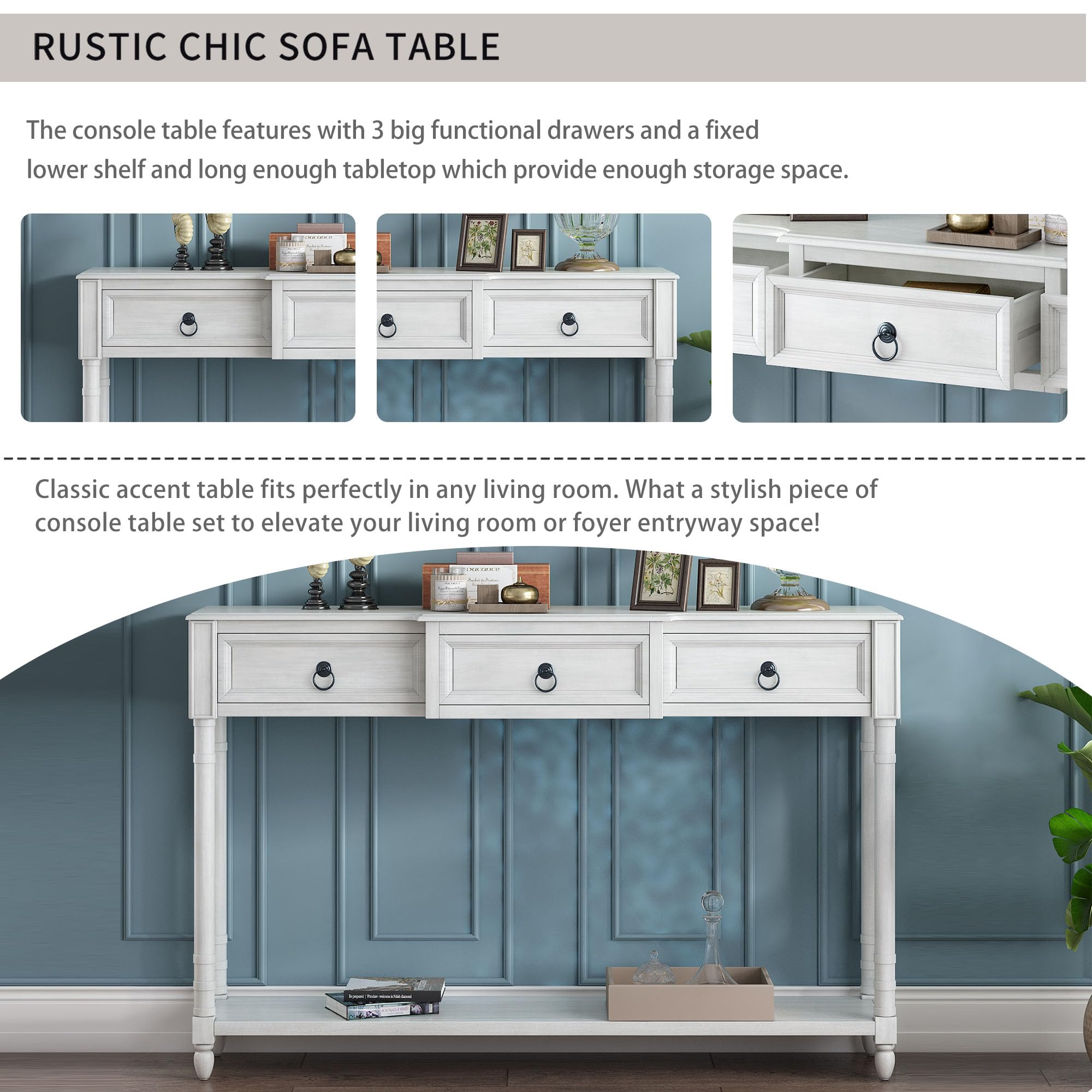 Merax Antique White Console Table with Drawers & Long Shelf - Entryway Sofa Table, Hallway Sideboard for Living Room, Bedroom & Office Organization