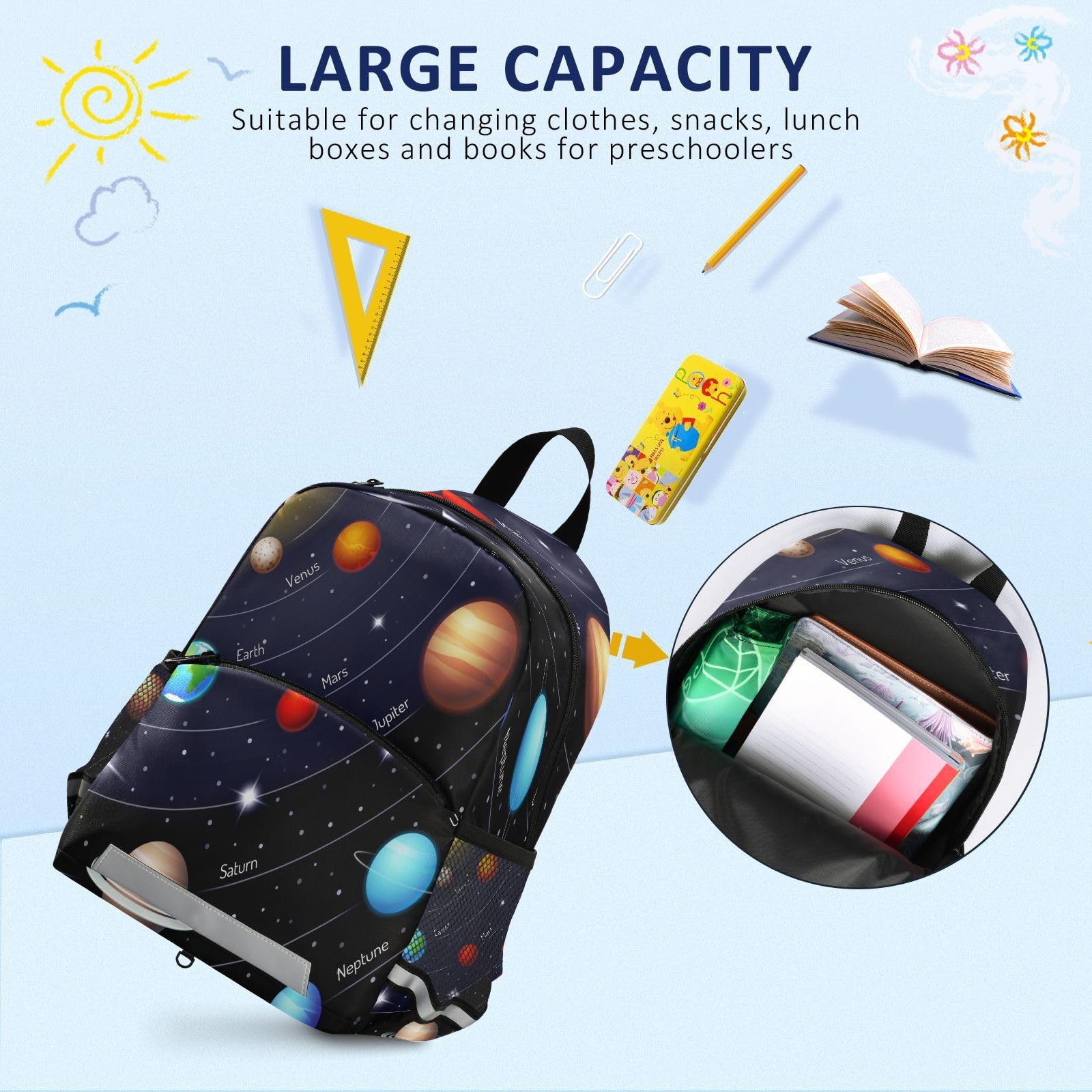 Solar System Planet Backpack for Kids - Boys & Girls Toddler Bookbag with Leash, Preschool & Kindergarten School Bag, Elementary Daypack for Travel, Nursery & Primary Students - Perfect for School, Daycare & Outdoor Adventures