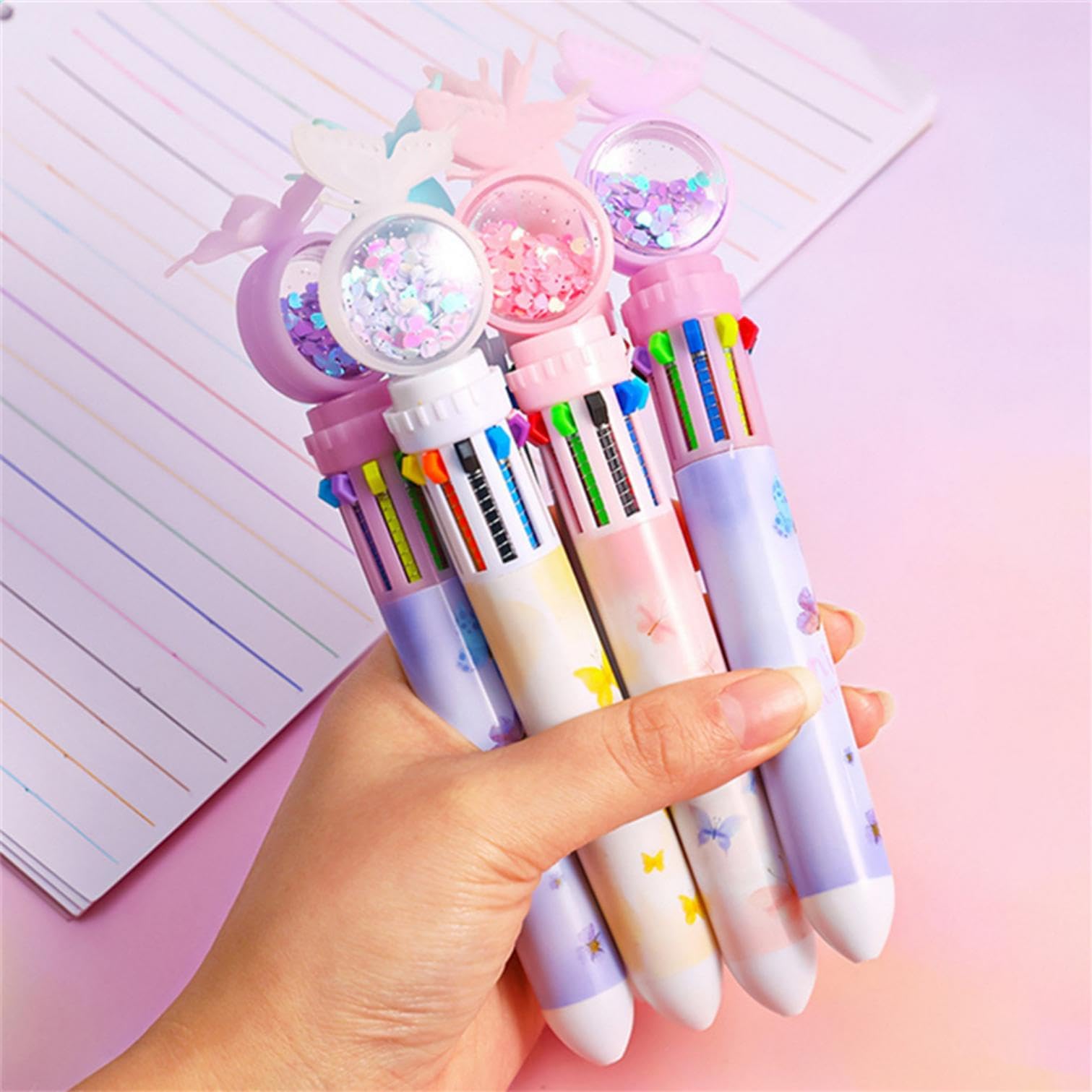 4pcs Multi-Color 10-in-1 Retractable Ballpoint Pens Set - 0.5mm Fine Point Butterfly Design Writing Pens for School, Office & Home Use - Perfect for Students, Kids & Stationery Lovers (Random Colors)