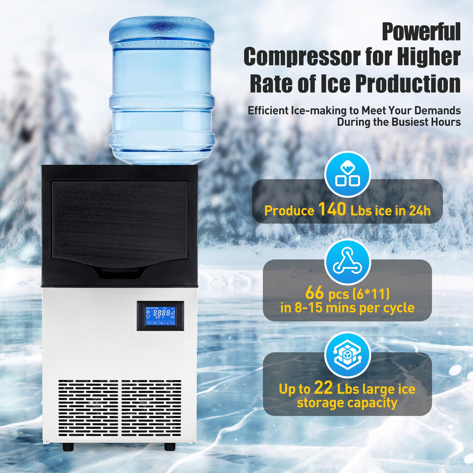 140LBS/24H Commercial Ice Maker Machine with 2 Water Inlets, Freestanding Ice Machine with 22 lbs Storage Bin - Includes Ice Scoop & Water Filter - Perfect for Home, Office, Restaurant, Bar, Cafe & Commercial Use