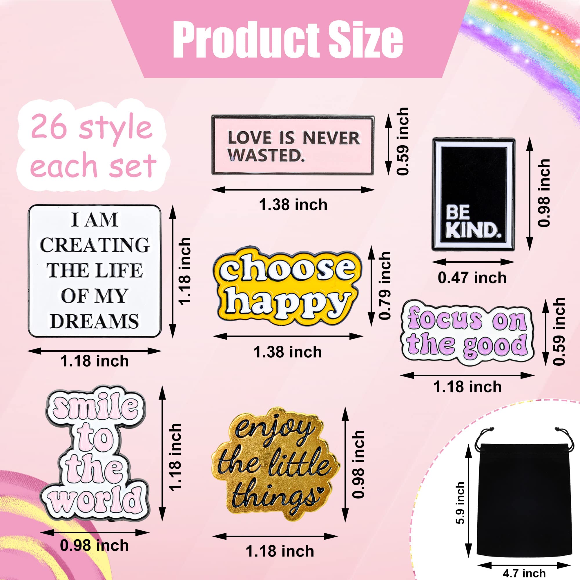 26 PCS Inspirational Enamel Pins Set - Motivational Quote Lapel Badges with Storage Bag for Backpacks, Jackets, Hats & Gifts | Positive Saying Brooches for Students, Teachers, Coworkers & Friends