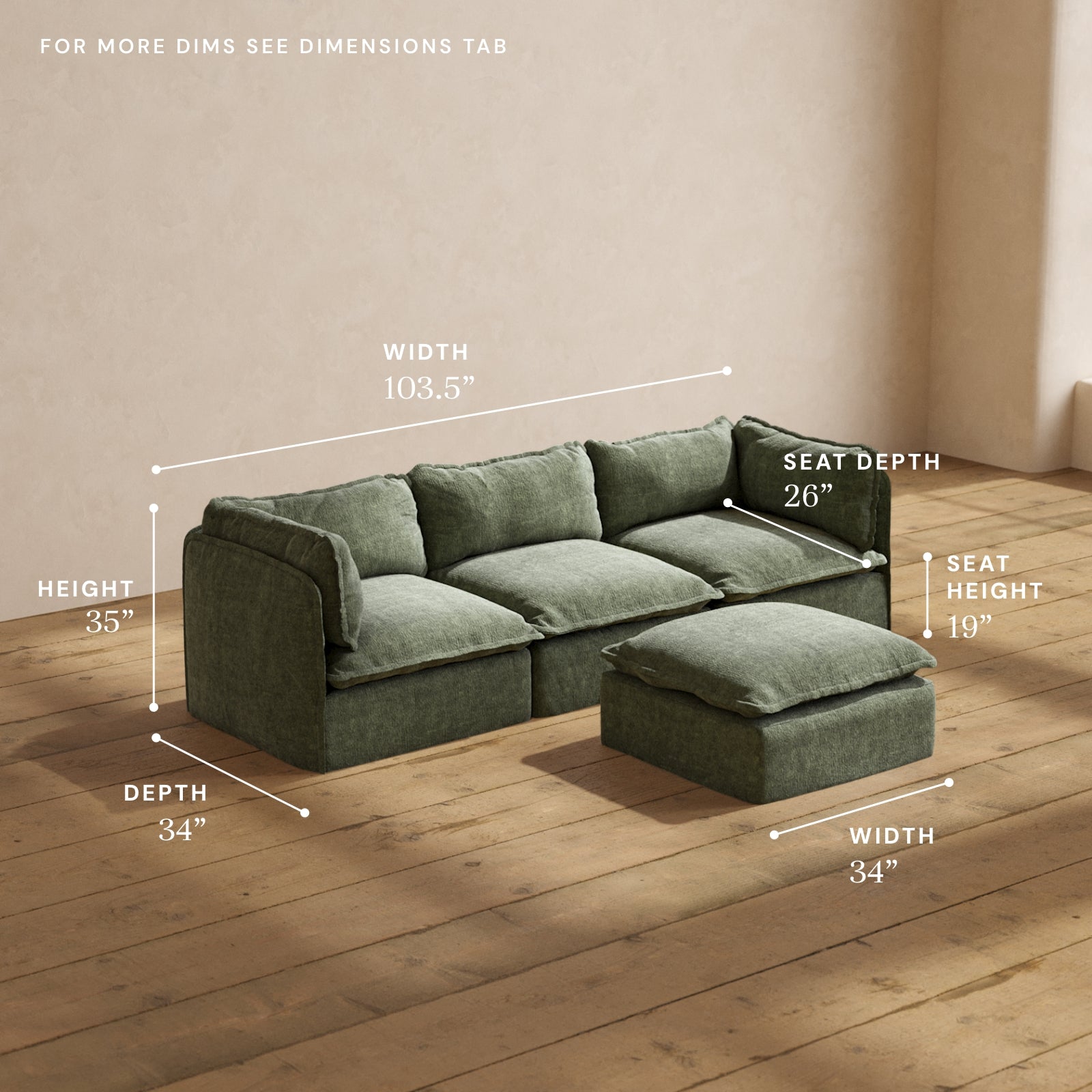 Modular Performance 3-Seater Sofa with Ottoman in Willow Fabric | Modern Sectional Couch for Living Room, Lounge & Family Room | Comfortable Blend for Relaxation and Entertainment