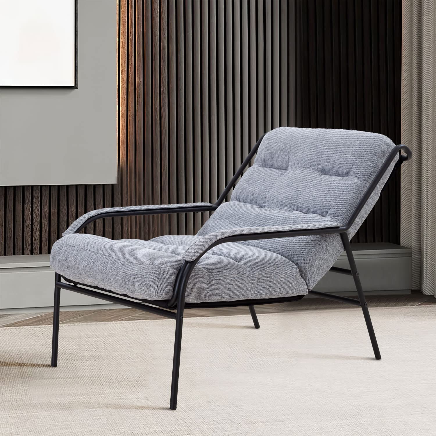 WilliamsSpace Grey Upholstered Chaise Lounge Chair with Armrests - Comfortable Accent Chair for Living Room, Bedroom & Dorm - Perfect Reading Chair, Nap Sofa & Relaxation Seat for Teens & Adults