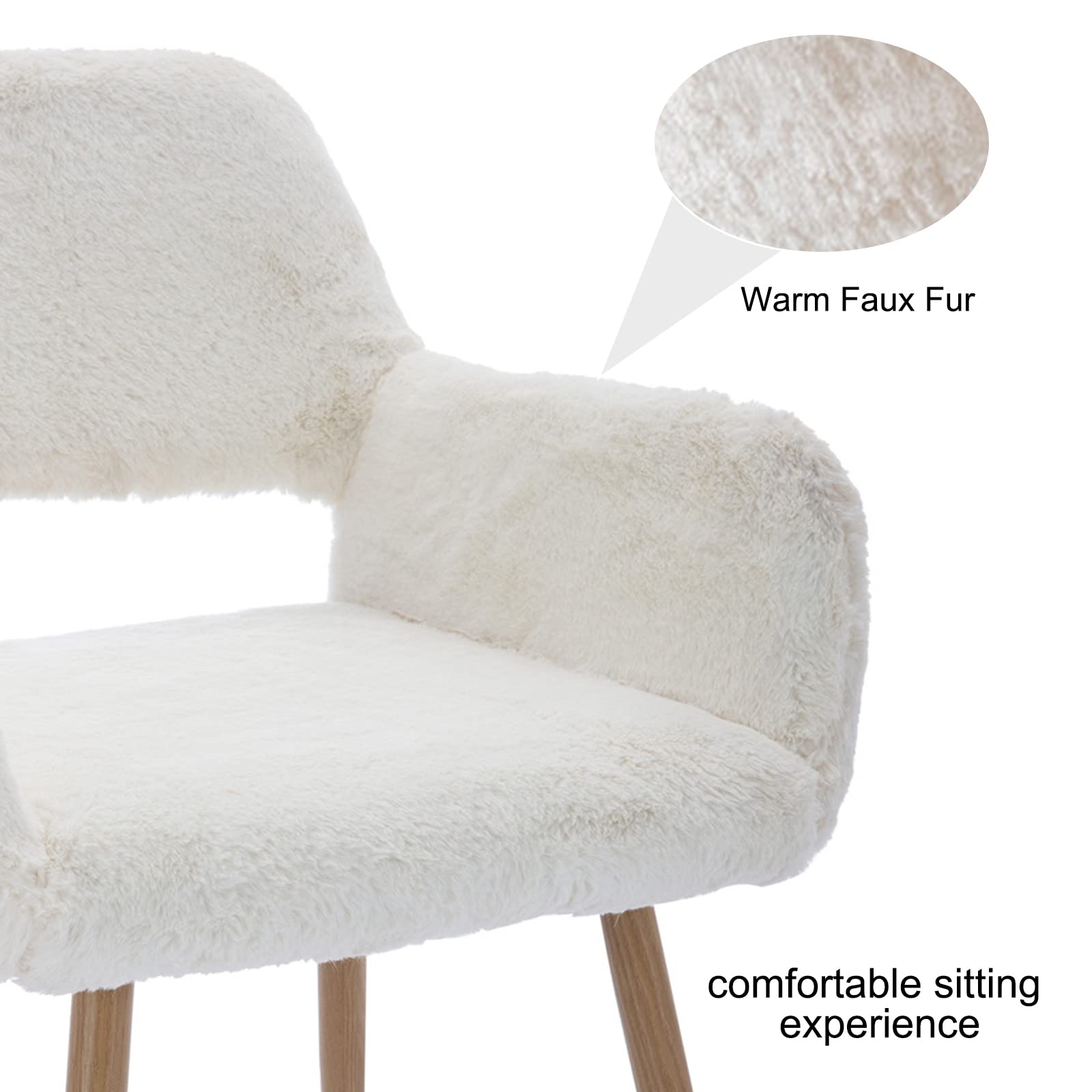 Luxury White Faux Fur Office Chair with Wood Finish Metal Legs - Soft Fluffy Vanity Chair for Girls & Teens - Perfect for Home Office, Makeup Desk, Dining Room & Study Area