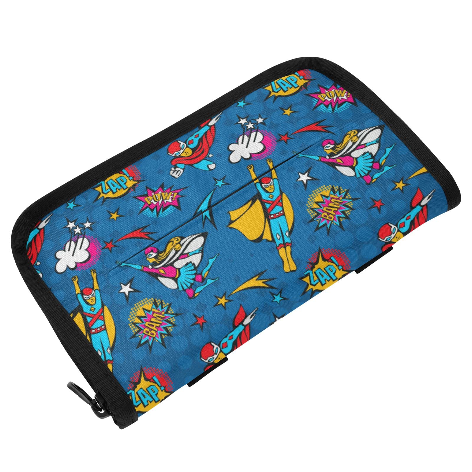 Pop Art Comic Style Flying Superheroes Speech Bubbles Car Tissue Holder - Adjustable Sun Visor Napkin Box with Zipper for Trucks & Cars | Perfect for Road Trips, Family Travel & Daily Commute
