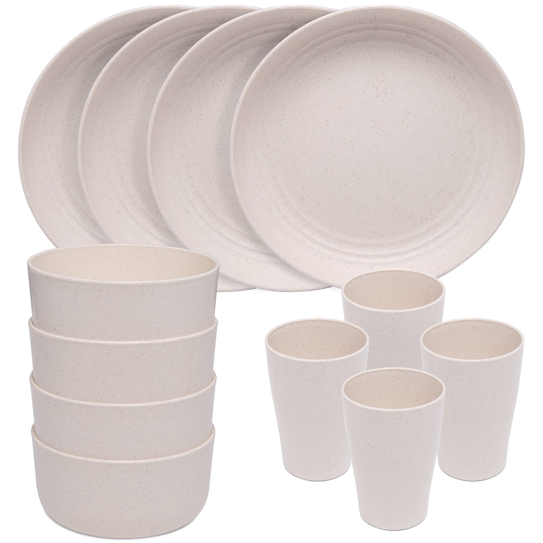 Eco-Friendly Wheat Straw Dinnerware Set - 12 Piece Cream Colored Plates, Bowls & Cups for Sustainable Dining | Perfect for Everyday Meals, Picnics & Parties