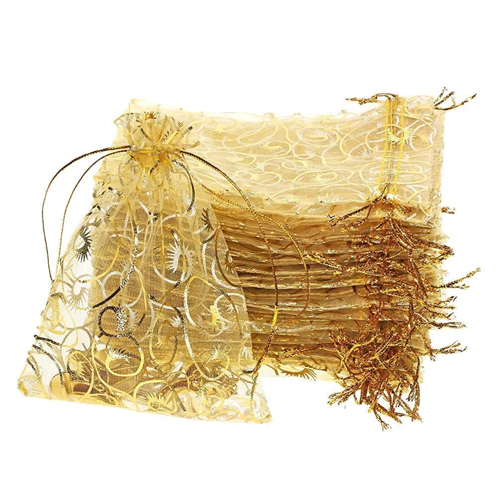 Premium Printed Organza Gift Bags with Drawstring - 25-Pack Golden Wedding Favor Pouches for Jewelry, Party Favors & Special Occasions | Elegant Return Gift Packaging for Bridal Showers, Birthday Parties & Corporate Events