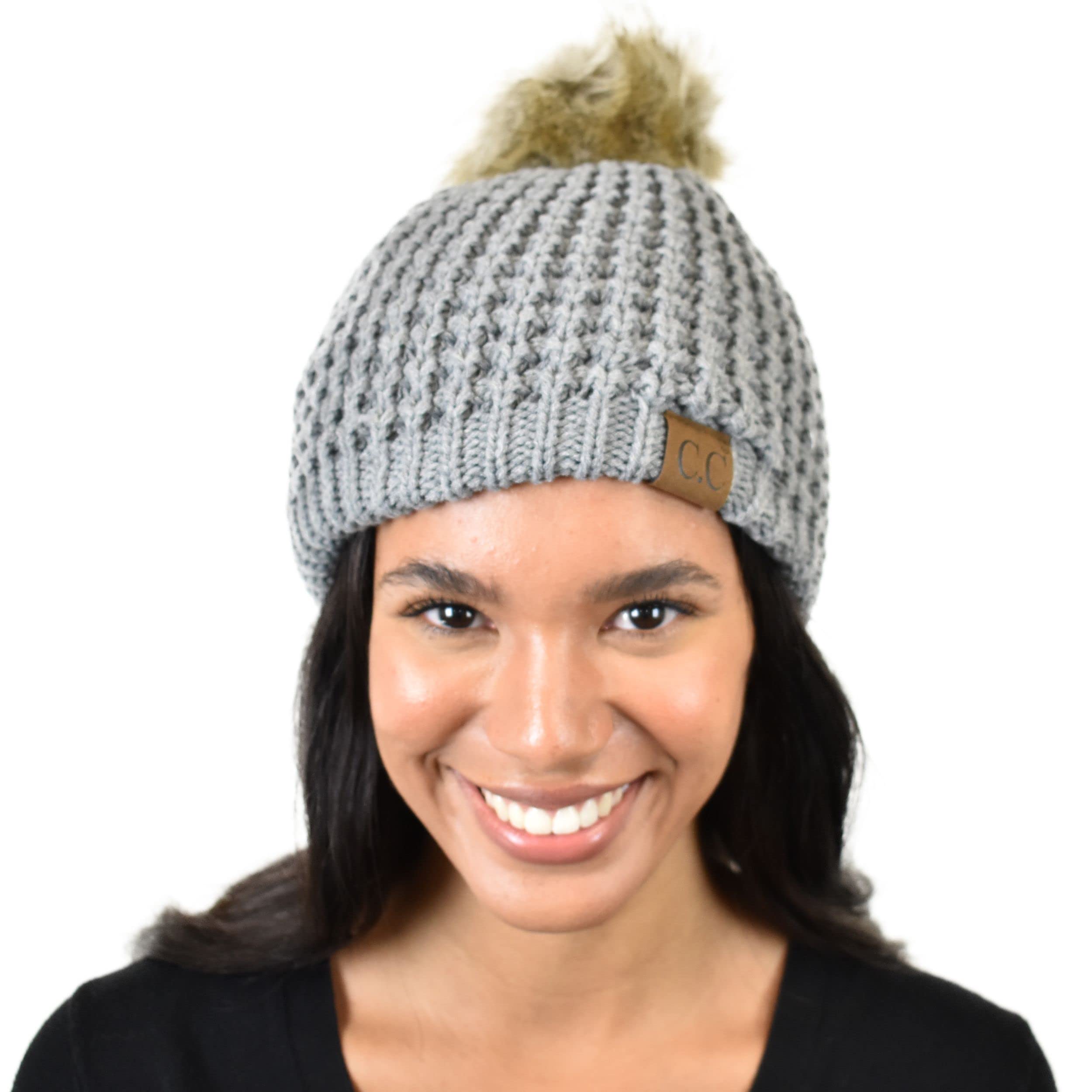 C.C Thick Waffle Knit Fleece Lined Faux Fur Pom Beanie Hat for Women - Winter Warm Fuzzy Knit Hat for Cold Weather, Outdoor Activities & Fashion Accessories