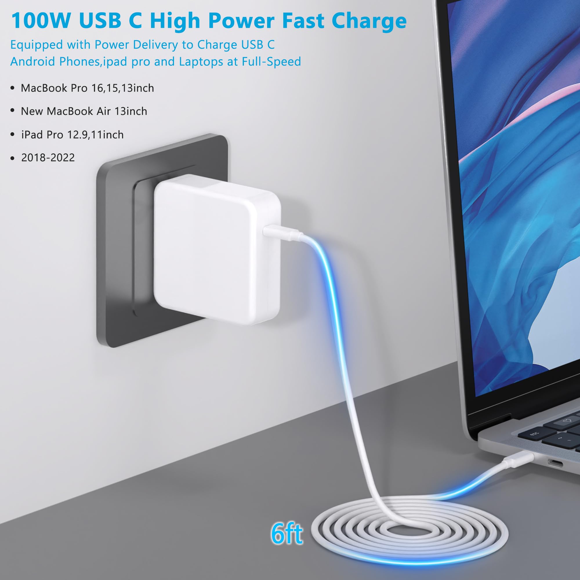 100W USB C Fast Charger for MacBook Pro/Air 16 15 14 13 Inch, iPad & Type C Devices - Travel Laptop Power Adapter with 5A Cable | Perfect for Home, Office & Business Trips