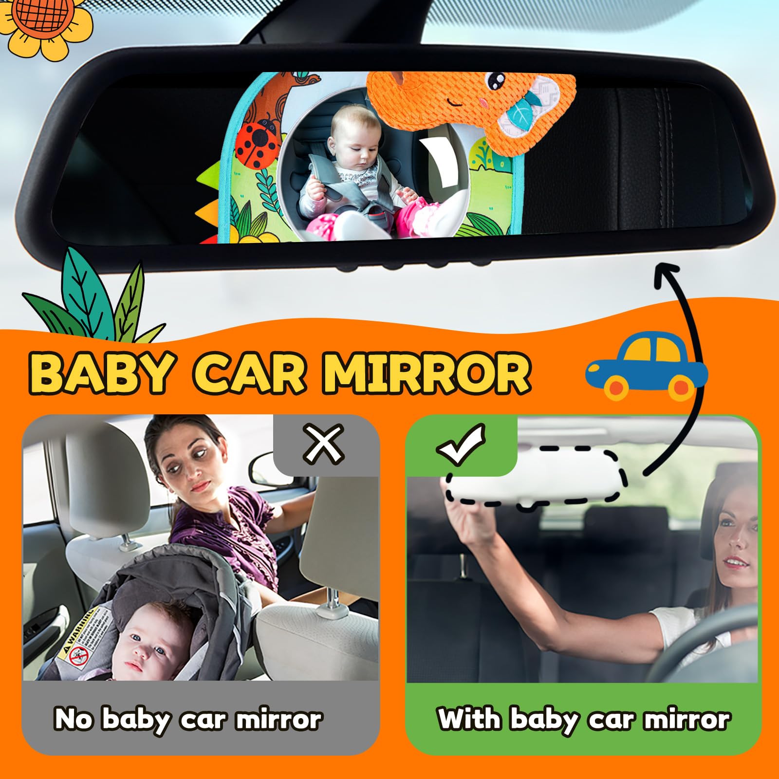 Baby Car Seat Toys - Mirror, Teether & Crinkle Paper for Travel & Tummy Time