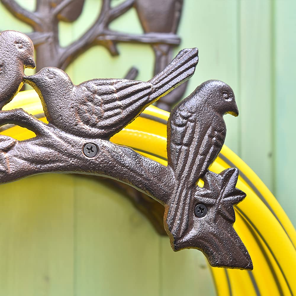 Heavy Duty Cast Iron Wall Mount Garden Hose Holder - Brown Bird Design Hose Reel for Indoor & Outdoor Use - Yard, Balcony Water Pipe Storage Rack - Perfect for Garden Watering, Car Washing and Outdoor Cleaning