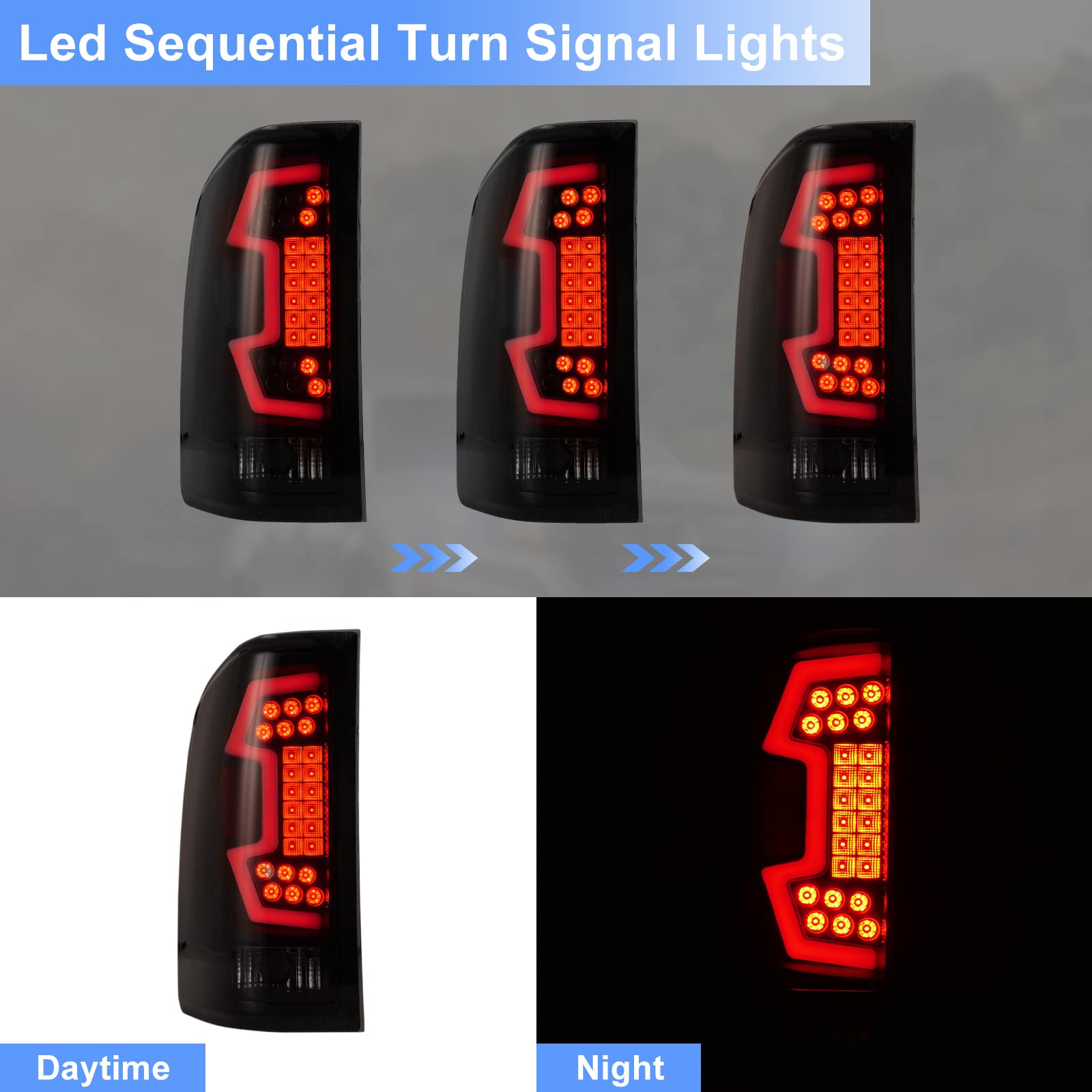 ROXX LED Sequential Tail Lights for 2007-2013 Chevy Silverado 1500 2500HD 3500HD - Smoke Lens Replacement Assembly (1 Pair) - Enhanced Visibility & Safety for Night Driving & Off-Road Adventures