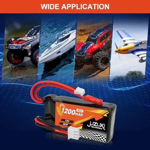 2Pcs 7.4V 1200mAh 2S 40C Lipo Rechargeable Battery with XH/JST/PH2.0 Connectors & Charger - Compatible with FPV Racing Drones, RC Cars, Boats, Quadcopters, Airplanes - Perfect for High-Speed Racing and Long Flight Time