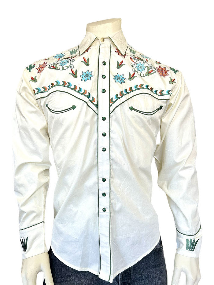 Rockmount 6865 IVO Men's Agave Cactus Floral Embroidered Western Shirt in Ivory - Perfect for Country Music Festivals & Western Themed Parties
