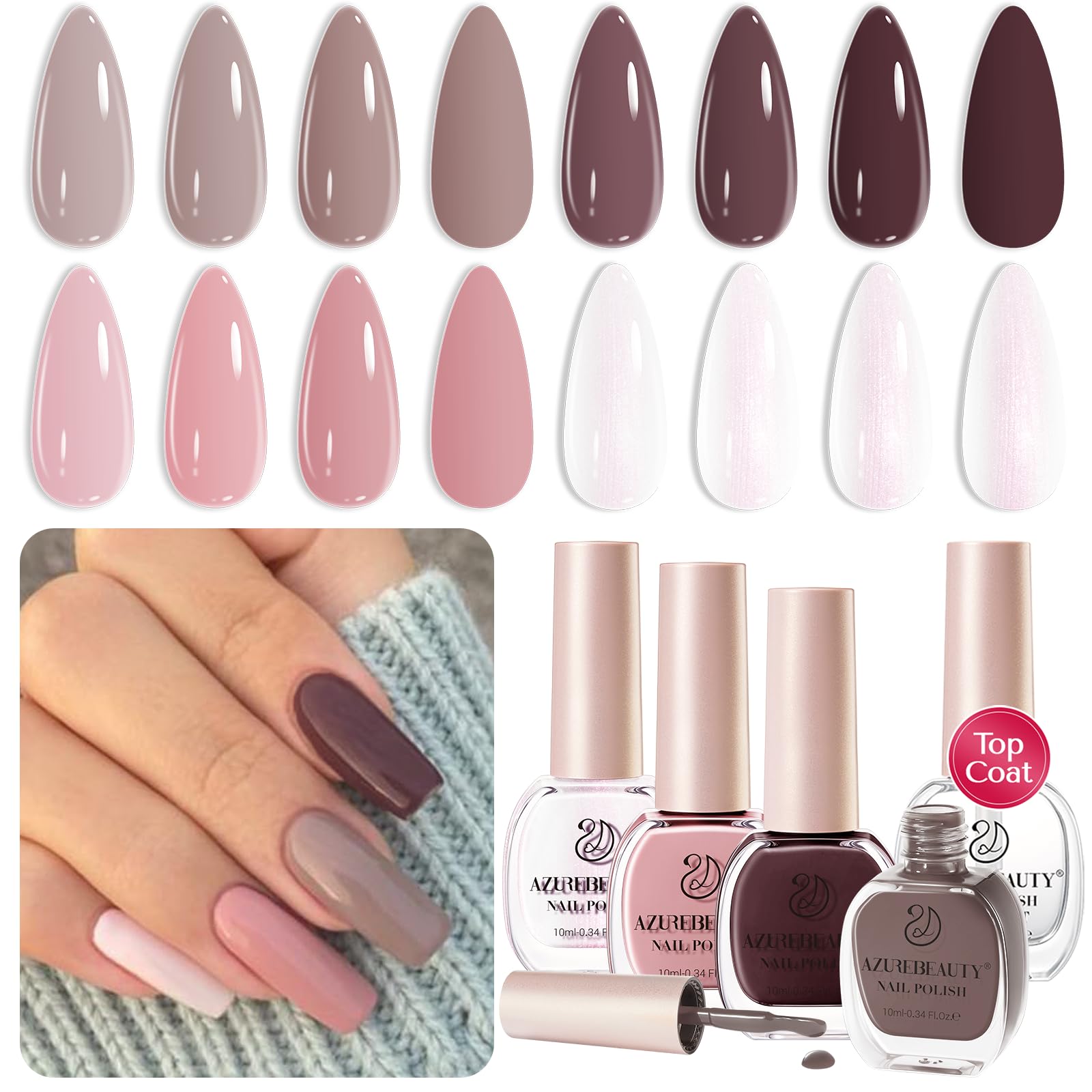 AZUREBEAUTY Vegan Nail Polish Set - 4 Colors (Brown, Pink, Glitter) Quick Dry Natural Nail Lacquer with Strengthening Treatment & Top Coat Kit for DIY Salon & Home Manicure | Perfect for Everyday Wear, Parties & Special Occasions