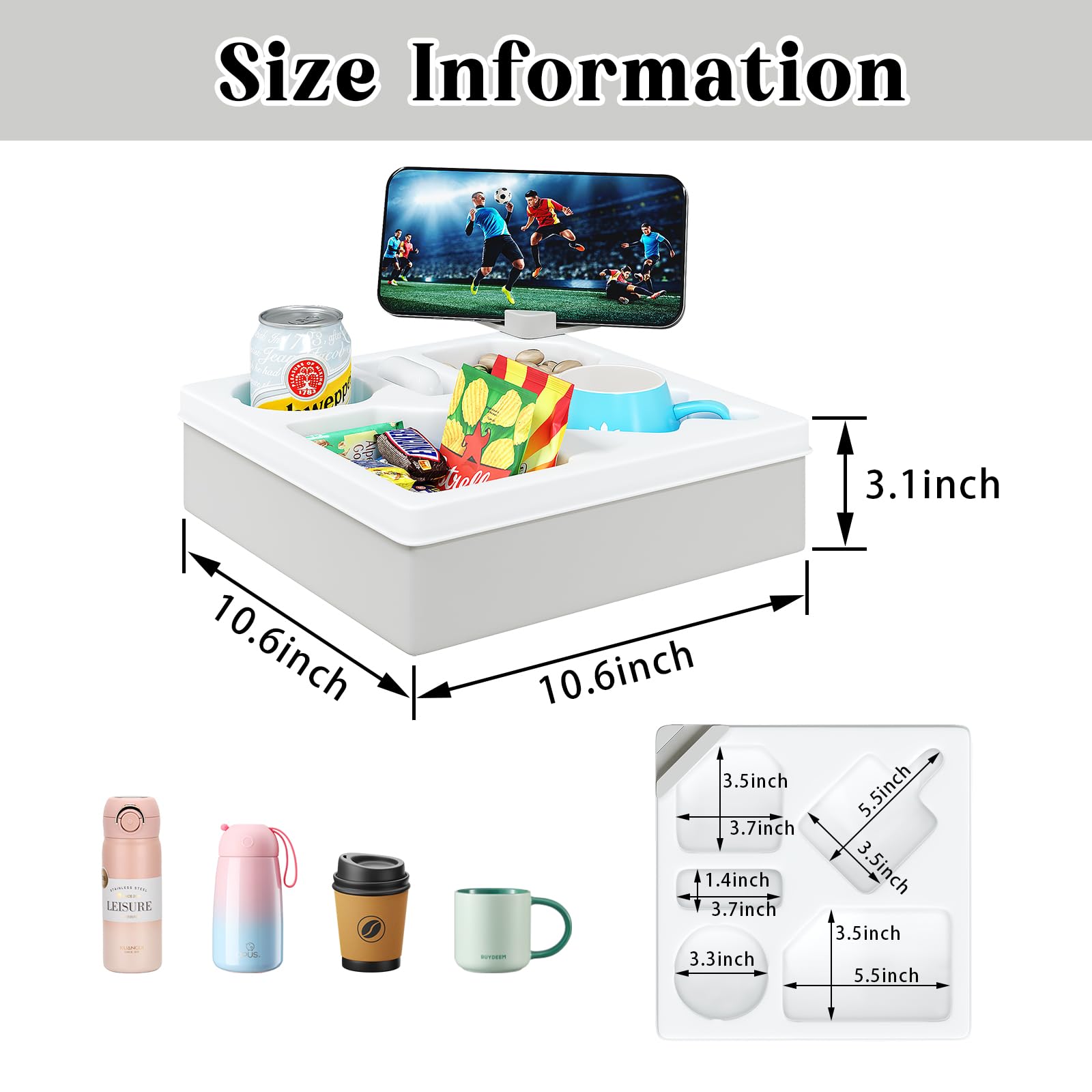 Rotatable Couch Caddy with Phone Holder & Cup Tray - Multi-Functional Sofa Organizer for Bed, Living Room - Waterproof Drink Holder for Snacks, Beverages, Remote & Cellphone (White) - Perfect for Movie Nights, Relaxing & Home Entertainment